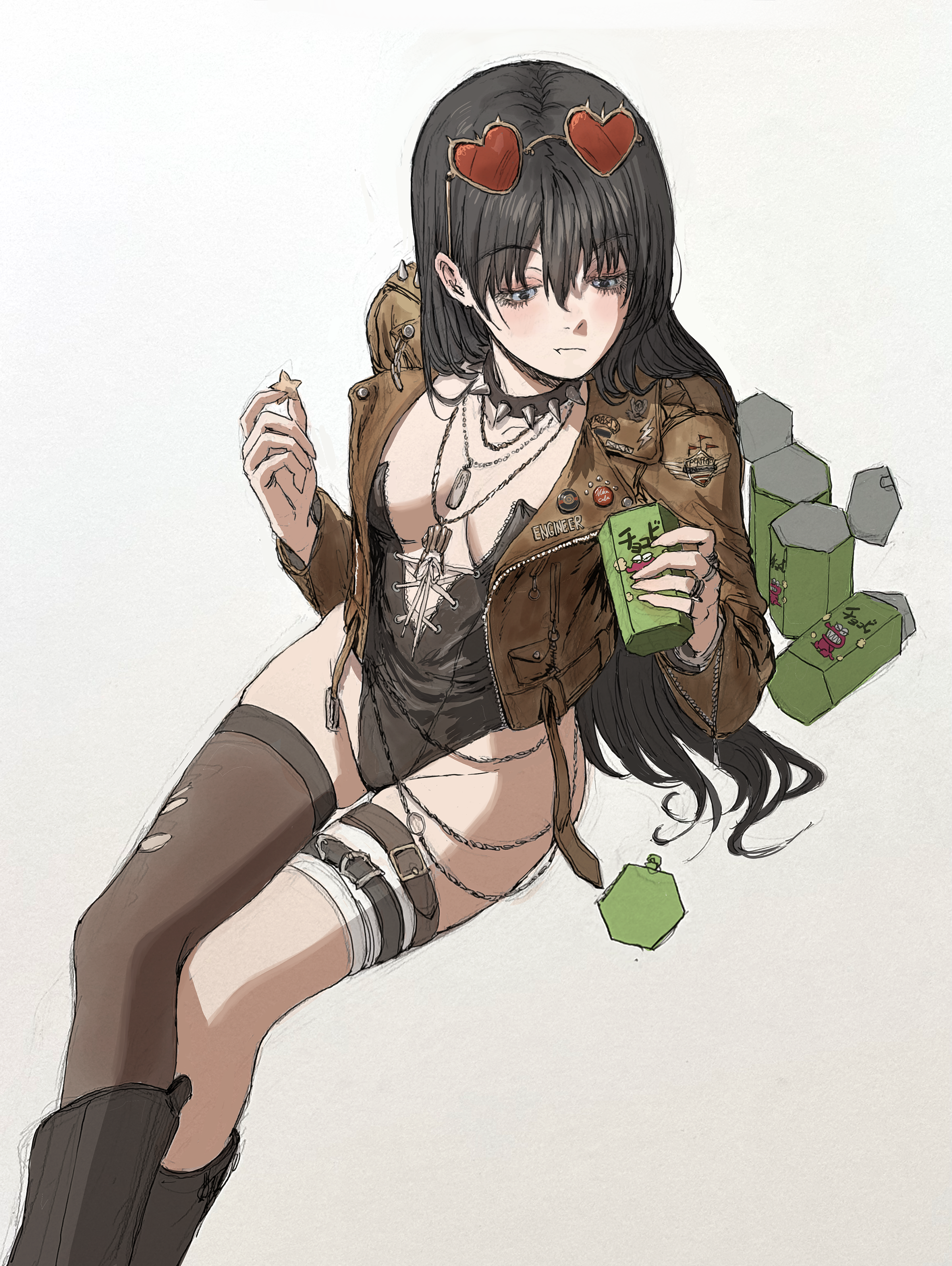 gold can, original, absurdres, highres, 1girl, black hair, blue eyes, breasts, collar, eyewear on head, heart, heart-shaped eyewear, jacket, jewelry, leotard, necklace, single thighhigh, spiked collar, spikes, thigh strap, thighhighs