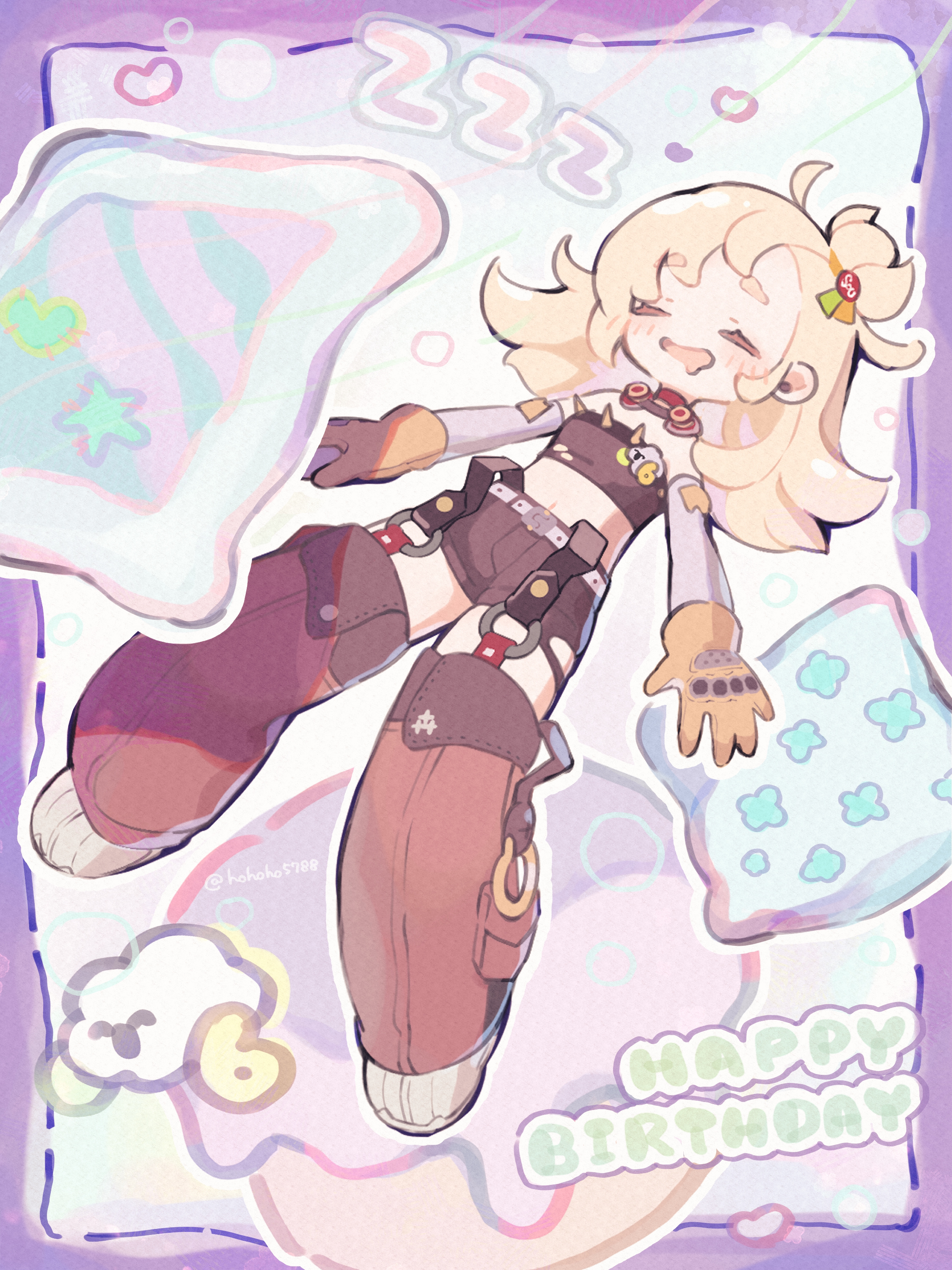 poponnu, piper wheel, zenless zone zero, absurdres, commentary request, highres, 1girl, bare shoulders, black shorts, black tube top, blonde hair, border, bubble, closed eyes, cloud, crop top, detached pants, detached sleeves, drooling, earrings, gloves, goggles, goggles around neck, happy birthday, heart, jewelry, navel, open mouth, orange pants, pants, pillow, purple border, shirt, shoes, short eyebrows, shorts, sleeping, solo, spiked shirt, star (symbol), stomach, strapless, thick eyebrows, torn clothes, torn shirt, tube top, white shoes, white sleeves, yellow gloves, zzz