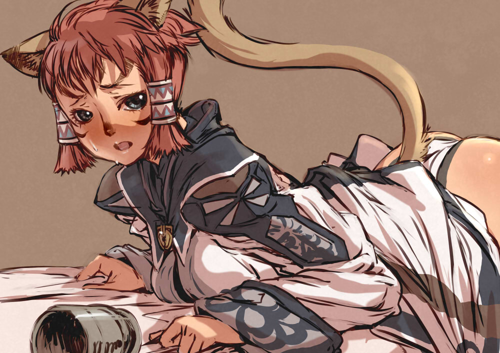 branch (blackrabbits), mithra (ff11), final fantasy, final fantasy xi, bad id, bad pixiv id, 00s, 1girl, animal ears, ass, blush, female focus, grey eyes, in heat, lying, short hair, solo, sweat, tail
