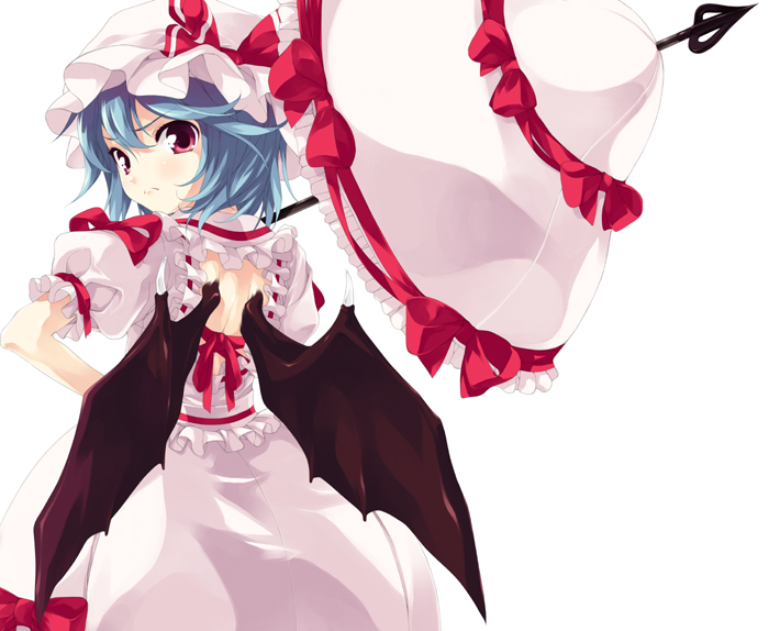 shirota dai, remilia scarlet, touhou, 1girl, bare back, bat wings, blue hair, bonnet, dress, female focus, frown, hand on own hip, hat, hat ribbon, hip focus, looking back, parasol, red eyes, ribbon, short hair, simple background, solo, umbrella, white background, wings