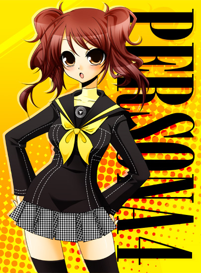 ichigou miya, kujikawa rise, atlus, persona, persona 4, 1girl, :o, black thighhighs, brown hair, collarbone, emblem, female focus, grey skirt, hands on own hips, looking at viewer, neckerchief, open mouth, pleated skirt, sailor collar, school uniform, skirt, solo, standing, thighhighs, twintails