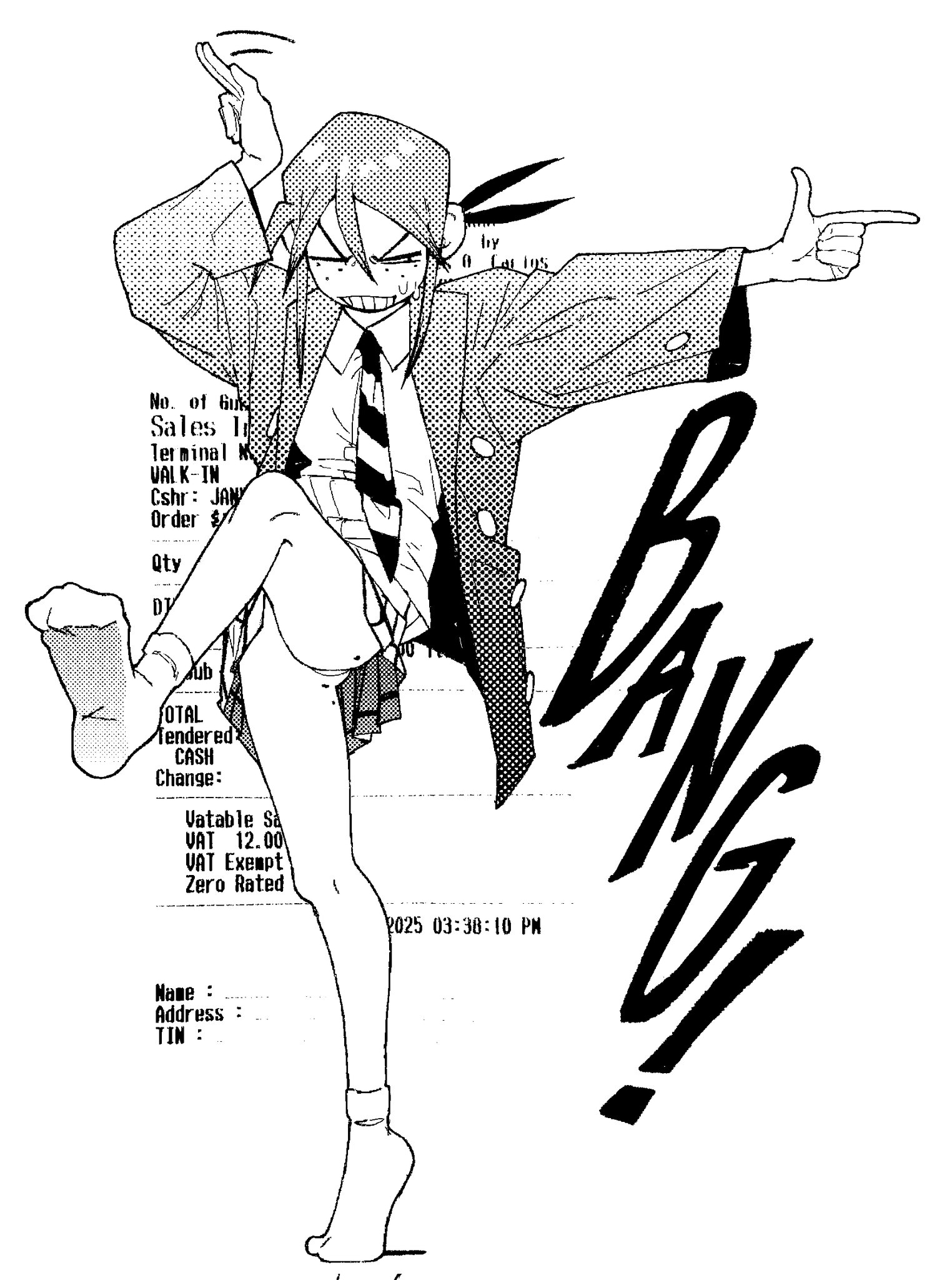 blupixl, original, highres, 1girl, finger gun, grin, halftone, monochrome, necktie, panties, panty peek, pen-pen (blupixl), plaid clothes, plaid skirt, receipt, skirt, smile, socks, soles, striped necktie, underwear, white background, white socks
