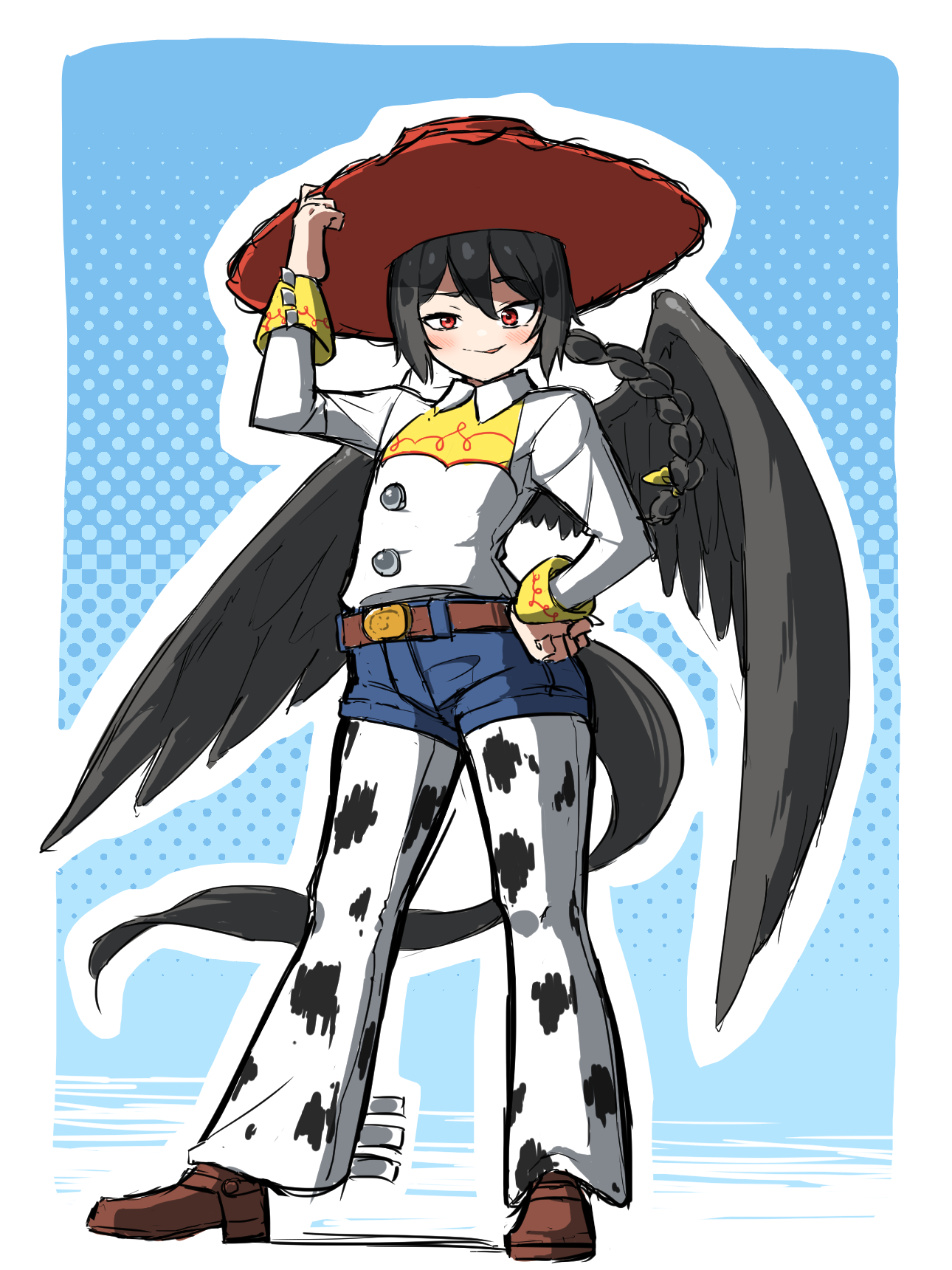 mt109, jessie the yodeling cowgirl, kurokoma saki, touhou, toy story, toy story 2, highres, 1girl, alternate costume, belt, belt buckle, black hair, breasts, buckle, cosplay, cowboy hat, hat, jessie the yodeling cowgirl (cosplay), medium breasts, red eyes, shirt, short hair, smile, solo, tail, wings