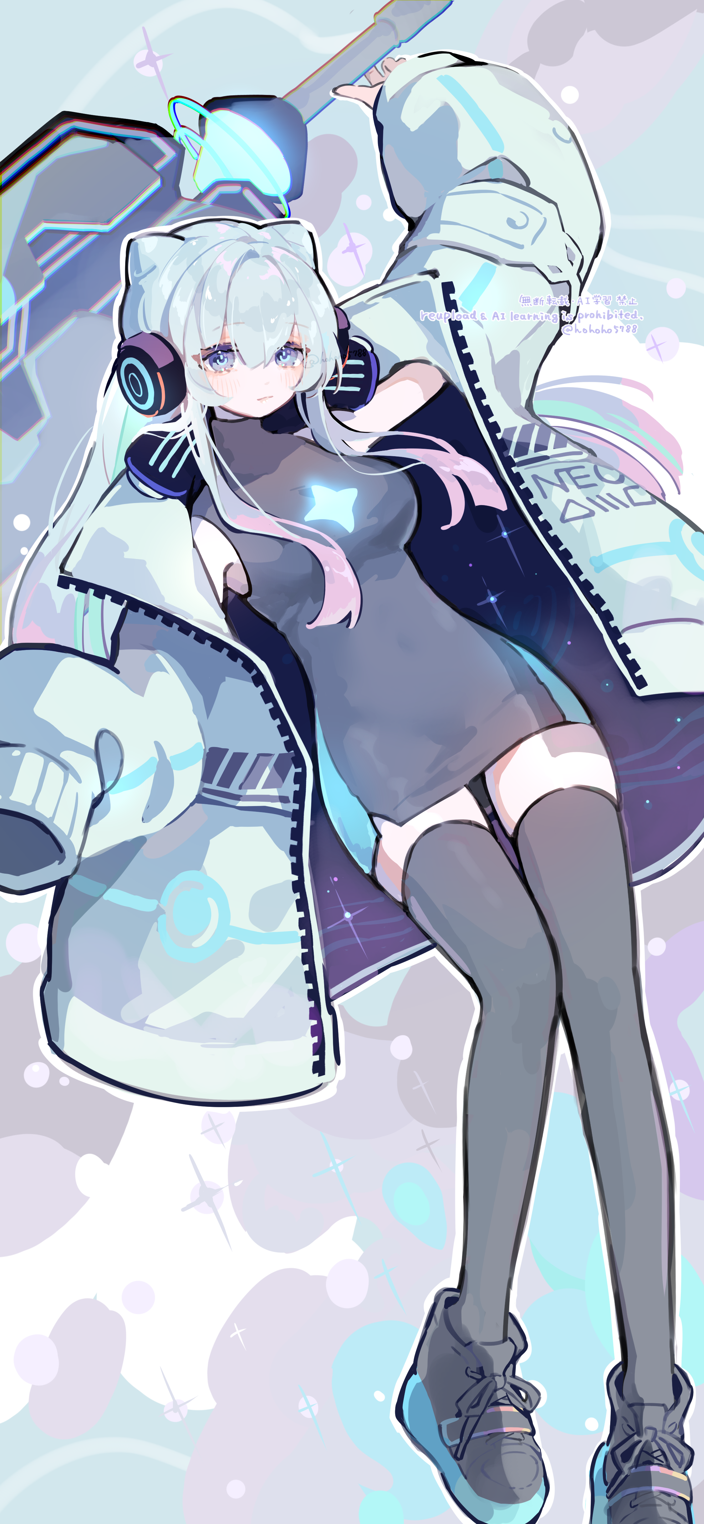 poponnu, neo (monster strike), monster strike, absurdres, highres, 1girl, aqua hair, behind-the-head headphones, blue eyes, blue hair, breasts, cone hair bun, gradient hair, hair bun, headphones, long hair, looking at viewer, multicolored hair, power symbol-shaped pupils, simple background, solo, symbol-shaped pupils