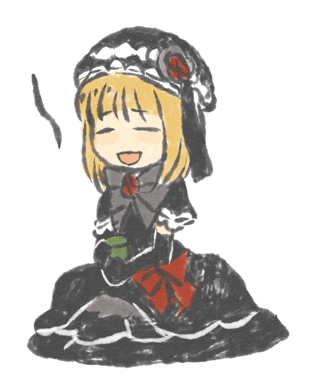 eva beatrice, umineko no naku koro ni, lowres, 00s, blonde hair, chibi, closed eyes, dress, hat, ribbon, short hair, sitting, solo, tea