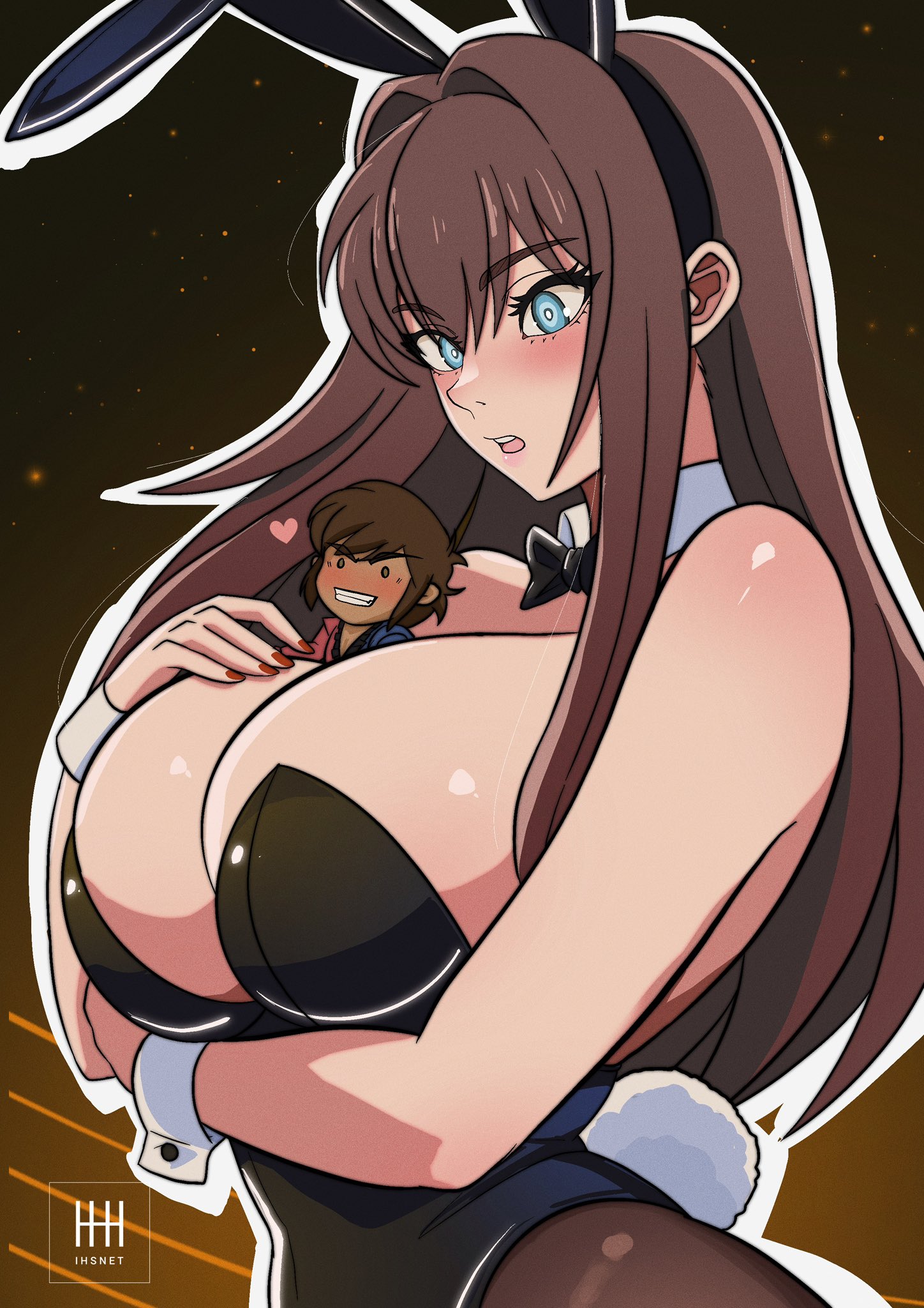 ihsnet, aozaki aoko, melty blood, tsukihime, commentary, english commentary, highres, 1boy, 1girl, animal ears, between breasts, breasts, brown hair, fake animal ears, fake tail, giant, giantess, grin, heart, long hair, medium breasts, oc x canon, parted lips, playboy bunny, rabbit, rabbit ears, red nails, smile, tail, upper body