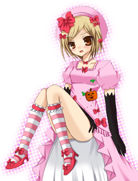 solaru, lambdadelta, umineko no naku koro ni, 00s, 1girl, beret, blonde hair, dress, elbow gloves, female focus, gloves, hat, jack-o'-lantern, orange eyes, pink dress, pink hat, pumpkin, ribbon, short hair, sitting, solo