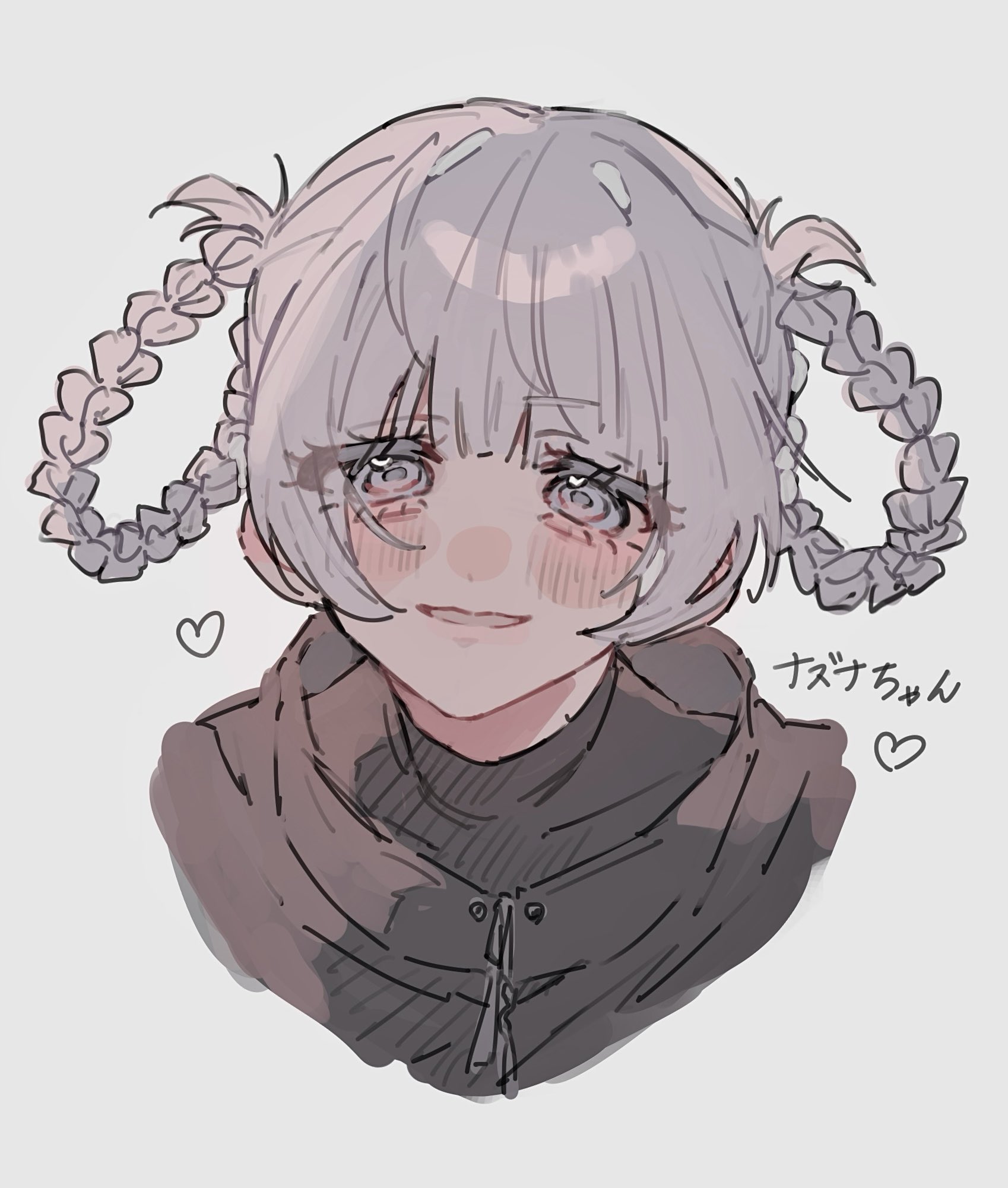 nanakusa nazuna (yofukashi no uta), yofukashi no uta, highres, 1girl, 38uii, black jacket, blush, braid, braided hair rings, eyelashes, gloves, hair rings, heart, jacket, looking at viewer, portrait, short hair, simple background, solo, white background, white gloves