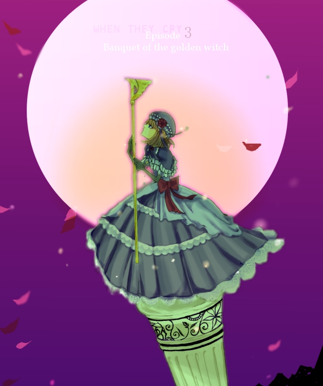 eva beatrice, umineko no naku koro ni, 00s, dress, flower, hat, moon, night, orange hair, petals, ribbon, short hair, sky, staff