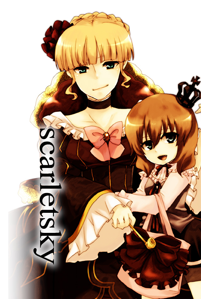 beatrice (umineko), ushiromiya maria, umineko no naku koro ni, 00s, 2girls, bag, blonde hair, bow, crown, dress, green eyes, holding, holding smoking pipe, kiseru, multiple girls, orange hair, pink bow, ribbon, short hair, smile, smoking pipe