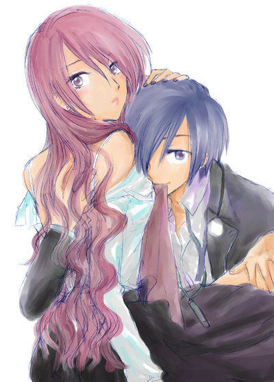 nanase satsuki, kirijou mitsuru, yuuki makoto (persona 3), atlus, persona, persona 3, 1boy, 1girl, blue eyes, blue hair, couple, hair over one eye, headphones, hetero, long hair, red eyes, red hair, school uniform, smile