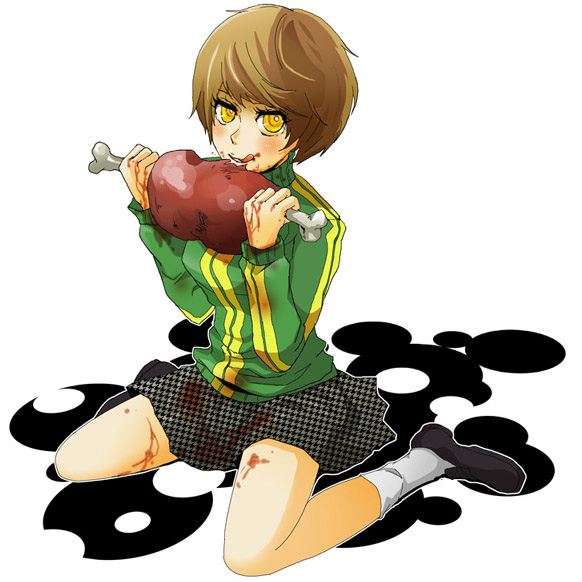psycheholic, satonaka chie, shadow (persona), atlus, persona, persona 4, bad id, bad pixiv id, blood, boned meat, brown hair, dark persona, eating, food, houndstooth, meat, short hair, solo, tomboy, yandere, yellow eyes