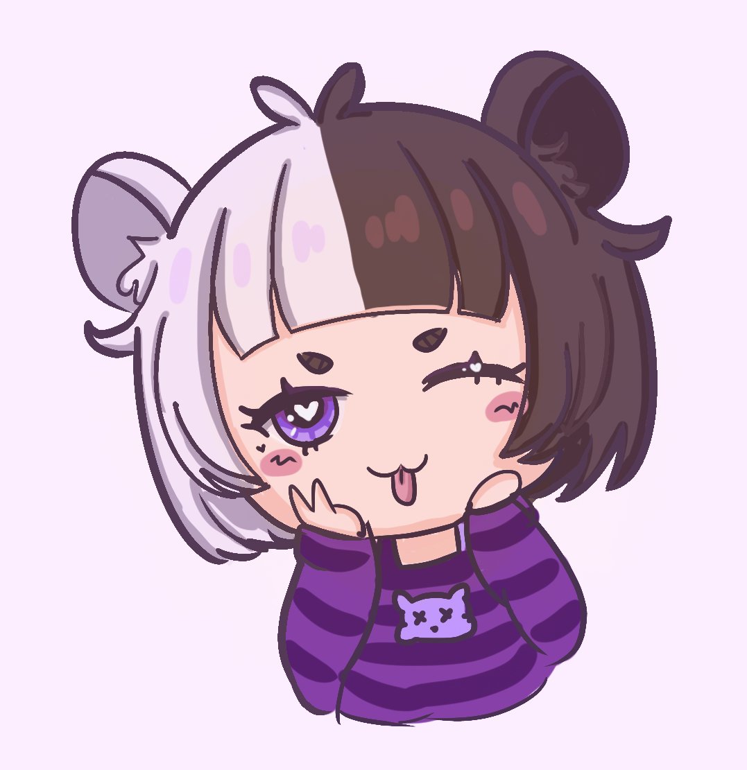 hammyhamstrudel, hammy hamstrudel, indie virtual youtuber, 1girl, 2023, holding own face, purple shirt, shirt, striped clothes, striped shirt, white background