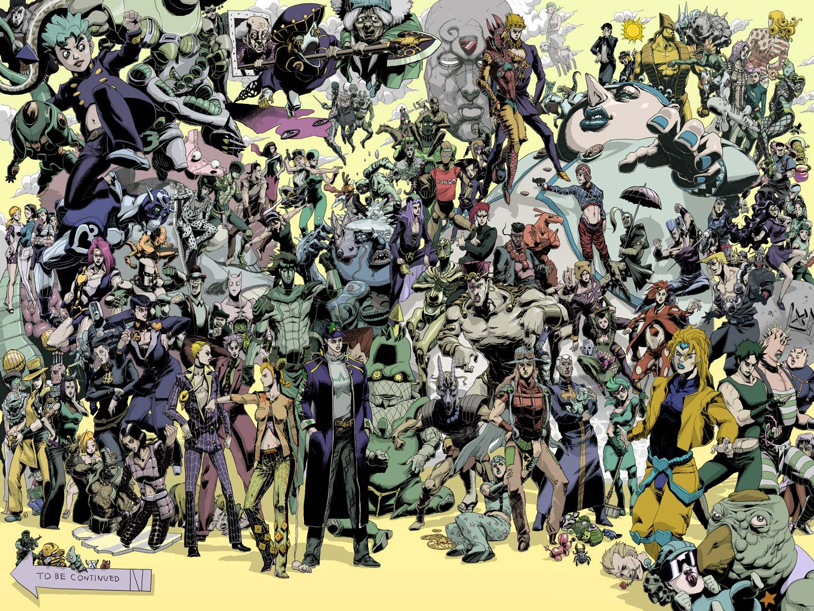 daromeon, studio-tyo, 20th century boy (stand), aerosmith (stand), alessi, anubis (stand), aqua necklace (stand), arnold (jojo), baby face (stand), bad company (stand), black sabbath (stand), blackmore, boingo, bonham (jojo), bruford, bruno bucciarati, chaka (jojo), cheap trick, cioccolata, clash (stand), coco jumbo, crazy diamond, cream (stand), dark blue moon, death 13, diavolo, diego brando, dio brando, dire (jojo), diver down (stand), donatello versus, dragon's dream, echoes (stand), emperor (stand), emporio alnino, enrico pucci, enya geil, ermes costello, foo fighters (jojo), foo fighters (stand), funny valentine, ghiaccio, giorno giovanna, gold experience, gold experience requiem, green baby (jojo), green child, green day (stand), guido mista, gyro zeppeli, hanged man (stand), hazamada toshikazu, hermit purple, hierophant green, higashikata josuke, higashikata tomoko, high priestess (stand), highway star (stand), hirose koichi, hol horse, horus (stand), hot pants (sbr), iggy (jojo), illuso, jean pierre polnareff, johnny joestar, jonathan joestar, jones (jojo), joseph joestar, joseph joestar (old), joseph joestar (young), kakyoin noriaki, kars (jojo), kawajiri hayato, kawajiri shinobu, killer queen, king crimson (stand), kira yoshihiro, kira yoshikage, kishibe rohan, kiss (stand), kobayashi tamami, kraftwerk (stand), kuujou jolyne, kuujou joutarou, leone abbacchio, lisa lisa, little feat (stand), lovers (stand), made in heaven (stand), magenta magenta, magician's red, magician red, manhattan transfer (stand), mariah (jojo), melone, metallica (stand), mohammed avdol, moody blues (stand), narancia ghirga, narciso anasui, nijimura okuyasu, notorious b.i.g. (stand), oasis (stand), oingo, page (jojo), pannacotta fugo, pericolo, pesci, pet shop, planet waves, plant (jojo), polpo, prosciutto (jojo), purple haze (stand), red hot chili pepper (stand), rikiel, robert e. o. speedwagon, rolling stone (stand), rolling stones (stand), rudolph von stroheim, sandman (sbr), scary monsters (stand), secco, sethan (stand), sex pistols (stand), sheer heart attack, shizuka joestar, silver chariot, sky high (stand), soft machine, star platinum, sticky fingers (stand), stone free, straights, straizo, stray cat (jojo), sugimoto reimi, surface (stand), survivor (stand), the hand (stand), the sun (stand), the world, tower of grey (stand), trish una, tubular bells (stand), ungaro, vanilla ice, vinegar doppio, viviano westwood, wamuu, weather report, weather report (stand), wekapipo, white album (stand), whitesnake (stand), wired beck, yamagishi yukako, yangu shigekiyo, yo-yo-ma (stand), yo-yo ma (stand), battle tendency, diamond wa kudakenai, jojo no kimyou na bouken, phantom blood, stardust crusaders, steel ball run, stone ocean, vento aureo, annotated, gender request, highres, 6+boys, 6+girls, absolutely everyone, arrow (jojo), arrow (projectile), beetle, bug, cyborg, dark-skinned male, dark skin, dog, double bun, echoes act1, echoes act2, echoes act3, everyone, frog, genderswap, hair bun, insect, mask, mouth hold, multiple boys, multiple girls, muscular, panties, pantyhose, pompadour, severed head, shorts, stand (jojo), stone mask (jojo), to be continued, turtle, underwear, yangu shigeki