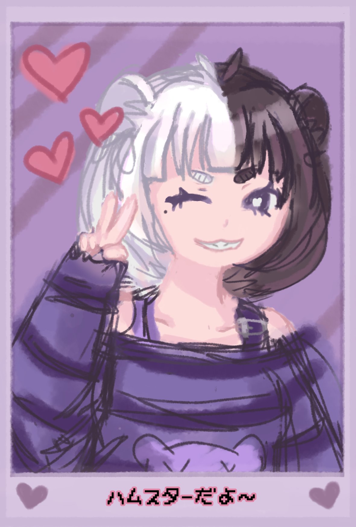 hammyhamstrudel, hammy hamstrudel, indie virtual youtuber, 1girl, 2022, ahoge, hamster girl, japanese text, one eye closed, purple background, shirt, smile, solo, striped clothes, striped shirt, v, wink