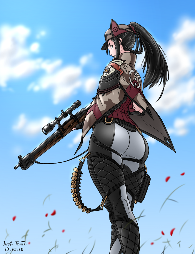 just tenth, kai schren, sega, senjou no valkyria (series), senjou no valkyria 4, 1girl, artist name, ass, ass focus, black eyes, black hair, blue sky, cloak, fingerless gloves, gloves, gun, hat, pants, ponytail, rifle, scope, shell casing, sky, sniper rifle, tight clothes, tight pants, weapon