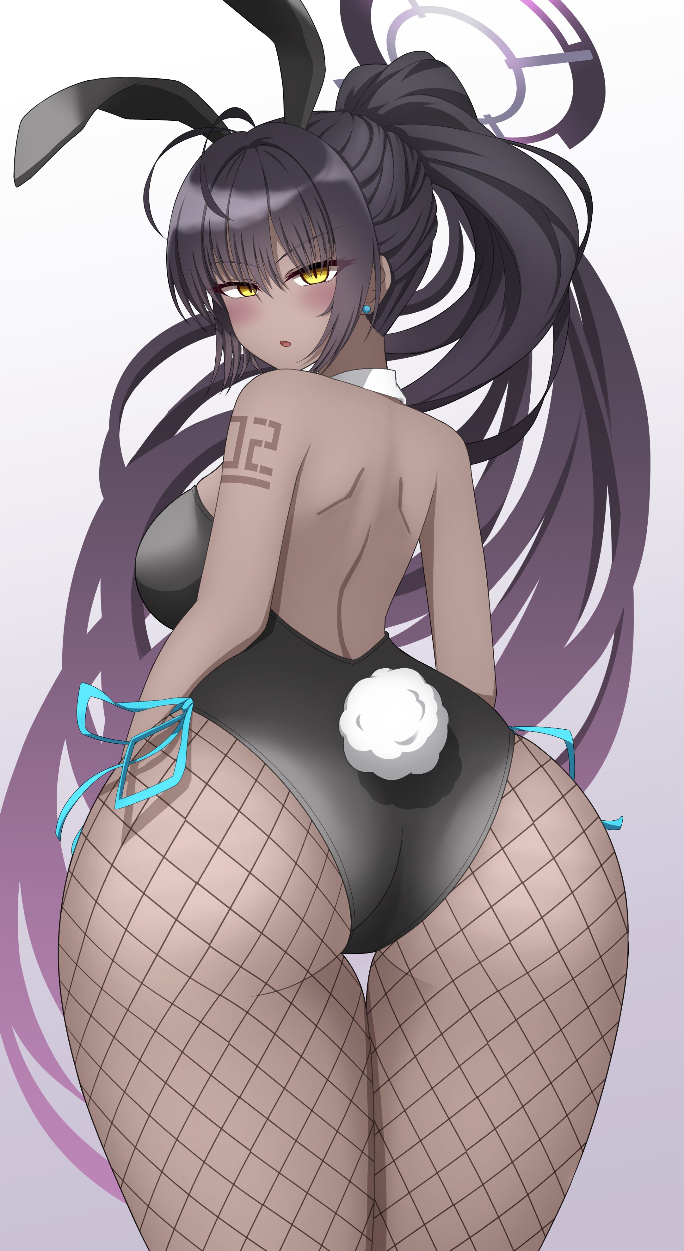 ryusei (coupling maker), karin (blue archive), karin (bunny) (blue archive), blue archive, 1girl, animal ears, arm tattoo, ass, back, black hair, black leotard, blush, breasts, dark-skinned female, dark skin, detached collar, earrings, fake animal ears, fishnet pantyhose, fishnets, from behind, gradiant hair, halo, hands on own hips, high ponytail, huge ass, jewelry, large breasts, leotard, long hair, looking back, open mouth, pantyhose, playboy bunny, ponytail, purple background, purple hair, rabbit ears, rabbit tail, solo, standing, tattoo, thigh gap, very long hair, wide hips, yellow eyes