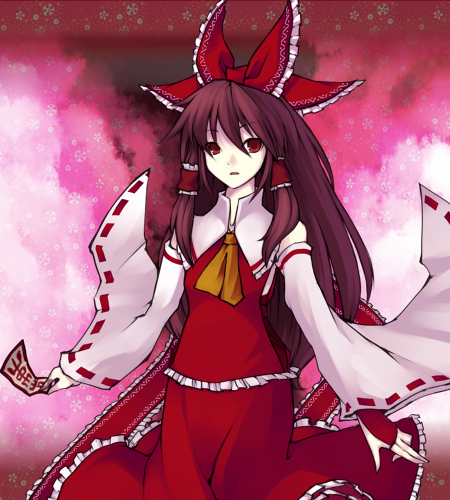 kitsune (kazenouta), kitsune (pixiv), hakurei reimu, touhou, lowres, 1girl, alternate costume, alternate hairstyle, bridal gauntlets, brown hair, detached sleeves, female focus, hair tubes, japanese clothes, long hair, miko, ofuda, red eyes, ribbon, solo