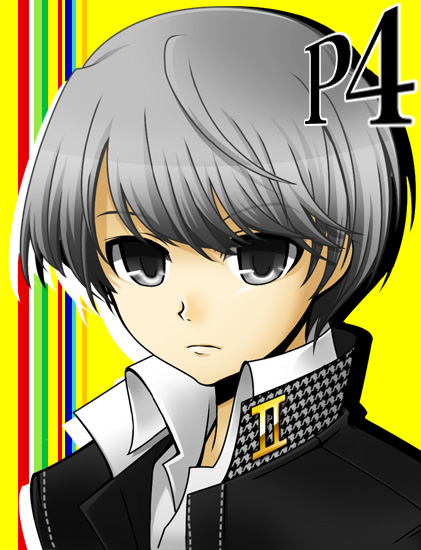 ichigou miya, narukami yu, atlus, persona, persona 4, 1boy, grey eyes, grey hair, male focus, school uniform, solo