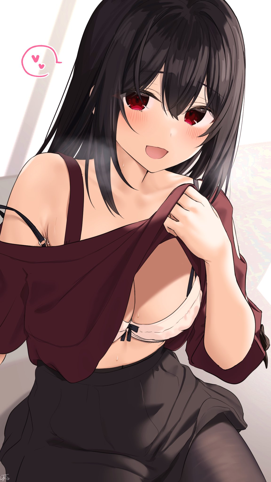 ramchi, yandere-chan (ramchi), original, highres, 1girl, armpit crease, black hair, black skirt, black thighhighs, breasts, cleavage, clothes lift, collarbone, heavy breathing, light blush, long hair, looking at viewer, midriff, open mouth, red eyes, sidelocks, single bare shoulder, skirt, smile, solo, sweatdrop, sweater, sweater lift, thighhighs