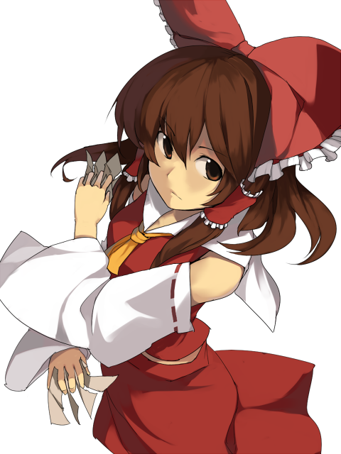 kitsune (kazenouta), kitsune (pixiv), hakurei reimu, touhou, 1girl, bow, brown eyes, brown hair, detached sleeves, female focus, hair bow, hair tubes, japanese clothes, long hair, midriff, miko, ofuda, ribbon, skirt, solo
