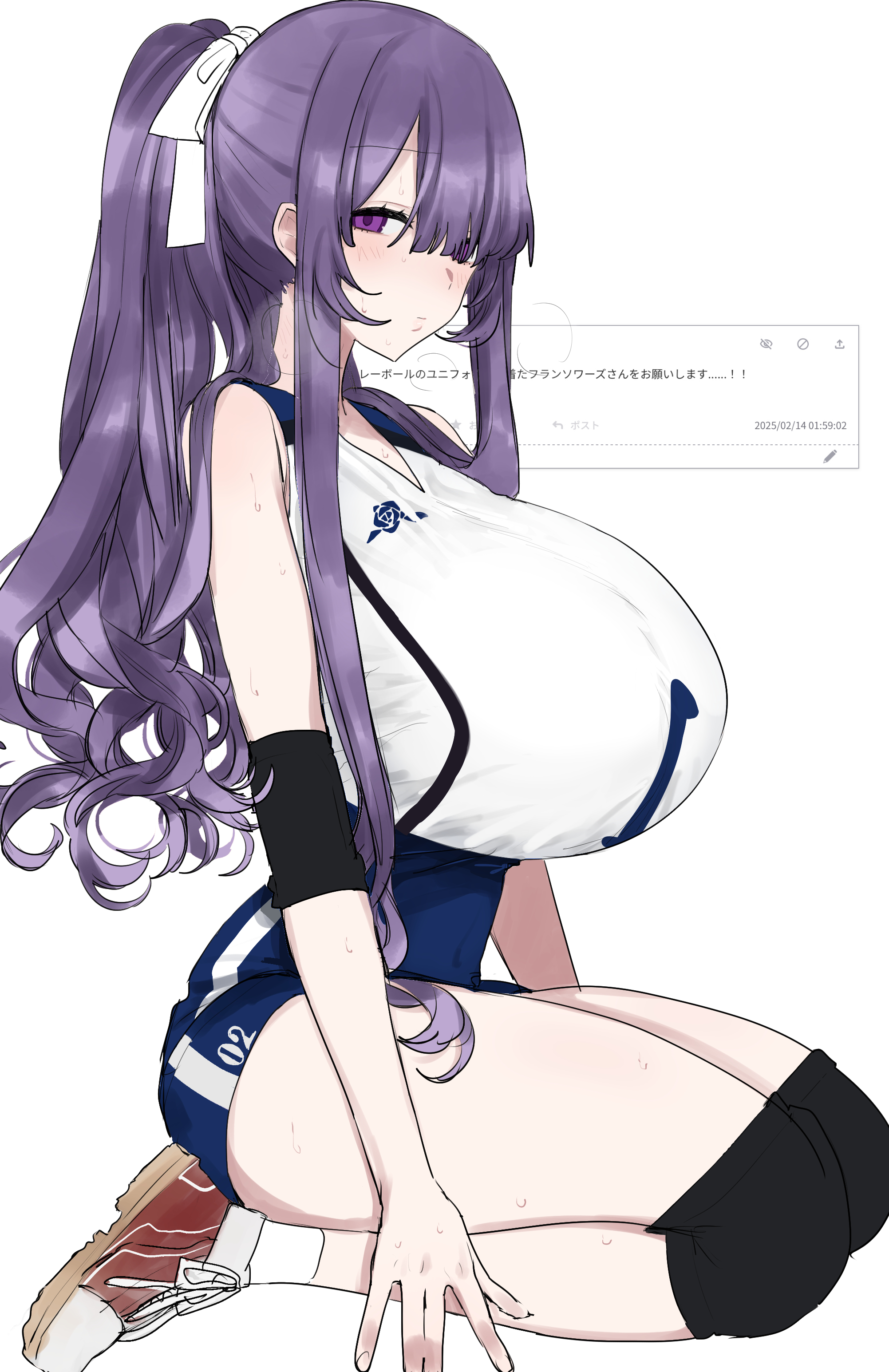 eurasia (wtp09ptw14), francoise (eurasia), original, absurdres, commentary request, highres, 1girl, breasts, closed mouth, elbow sleeve, full body, gym shorts, hair over one eye, huge breasts, knee pads, long hair, looking at viewer, parted bangs, ponytail, purple eyes, purple hair, red shoes, request inset, seiza, shoes, shorts, simple background, sitting, sneakers, solo, sportswear, sweat, very long hair, volleyball uniform, white background