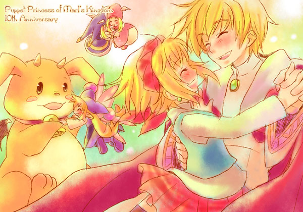 tsuyuka (sunny spot), cornet espoir, ferdinand marl e, kururu (marl kingdom), l-kun, sharte (marl kingdom), terra (marl kingdom), marl kingdom, nippon ichi, puppet princess (marl kingdom), 1boy, 1girl, anniversary, bell, blonde hair, blush, closed eyes, fairy, gloves, happy, long hair, short hair, smile, wings