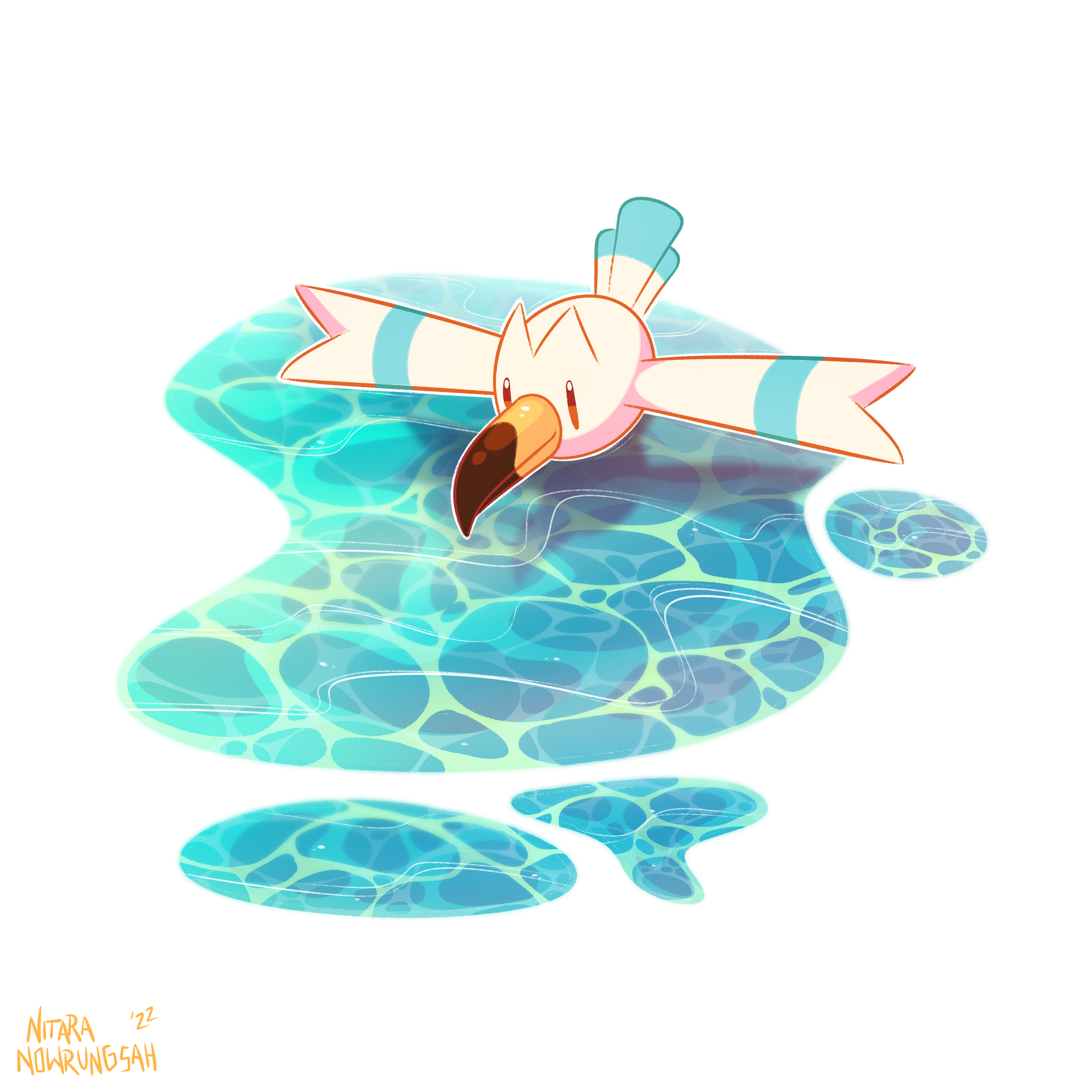 wingull, nintendo, pokemon, absurdres, commentary, english commentary, highres, animal focus, artist name, bird, brown eyes, closed mouth, colored lineart, flying, full body, gen 3 pokemon, mosspuppie, no humans, pokemon (creature), refraction, seagull, signature, simple background, smile, solo, water, white background