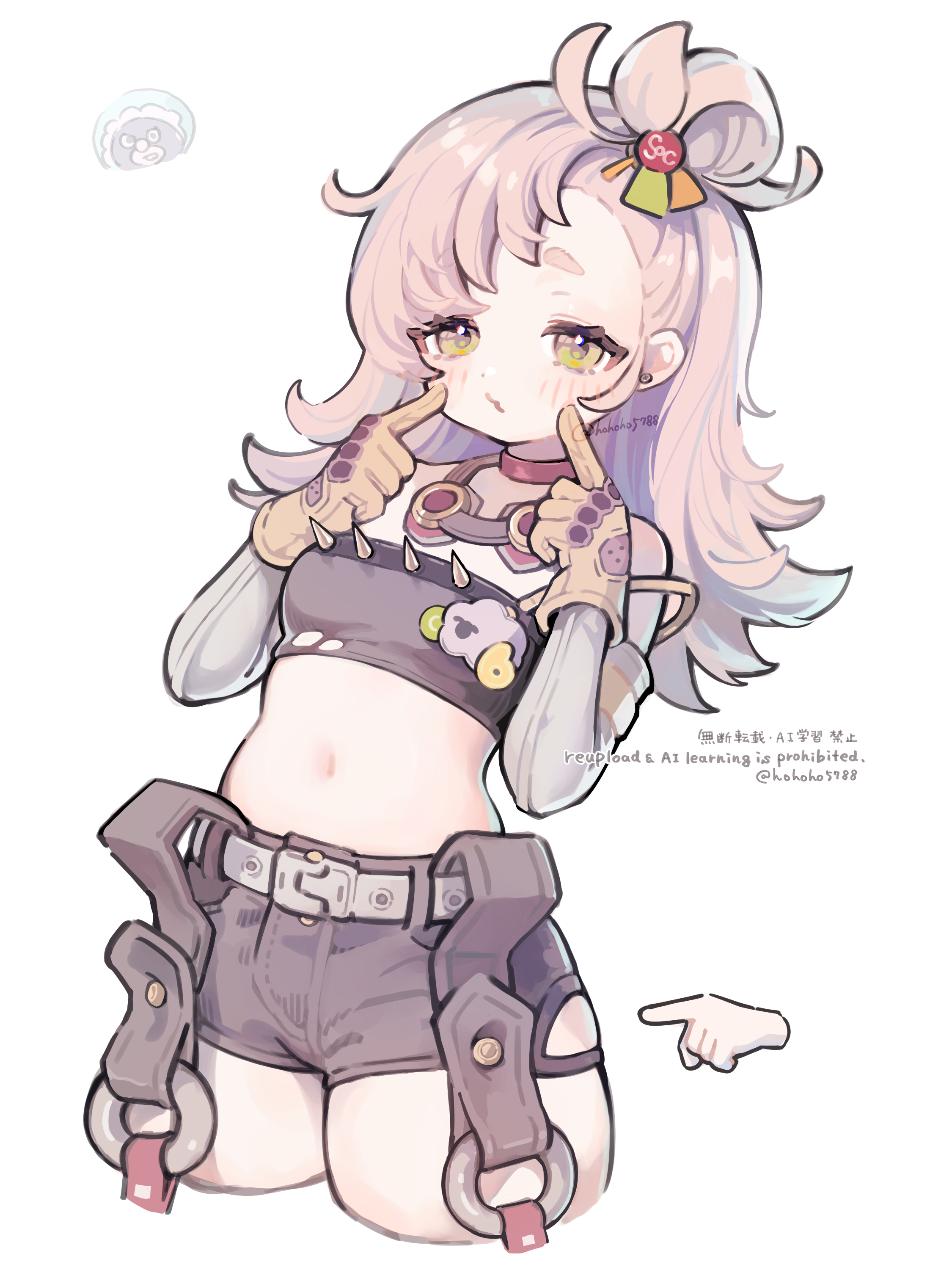 poponnu, piper wheel, zenless zone zero, absurdres, commentary, highres, symbol-only commentary, 1girl, black shorts, black tube top, blonde hair, blush, breasts, choker, cowboy shot, crop top, detached sleeves, disembodied hand, earrings, finger to cheek, gloves, goggles, goggles around neck, green eyes, hair bun, jewelry, long hair, looking at viewer, midriff, navel, o3o, pointing, red choker, short eyebrows, shorts, simple background, single earring, small breasts, solo, spiked shirt, strap slip, strapless, temporal hairline, thick thighs, thighs, tube top, white background, yellow gloves