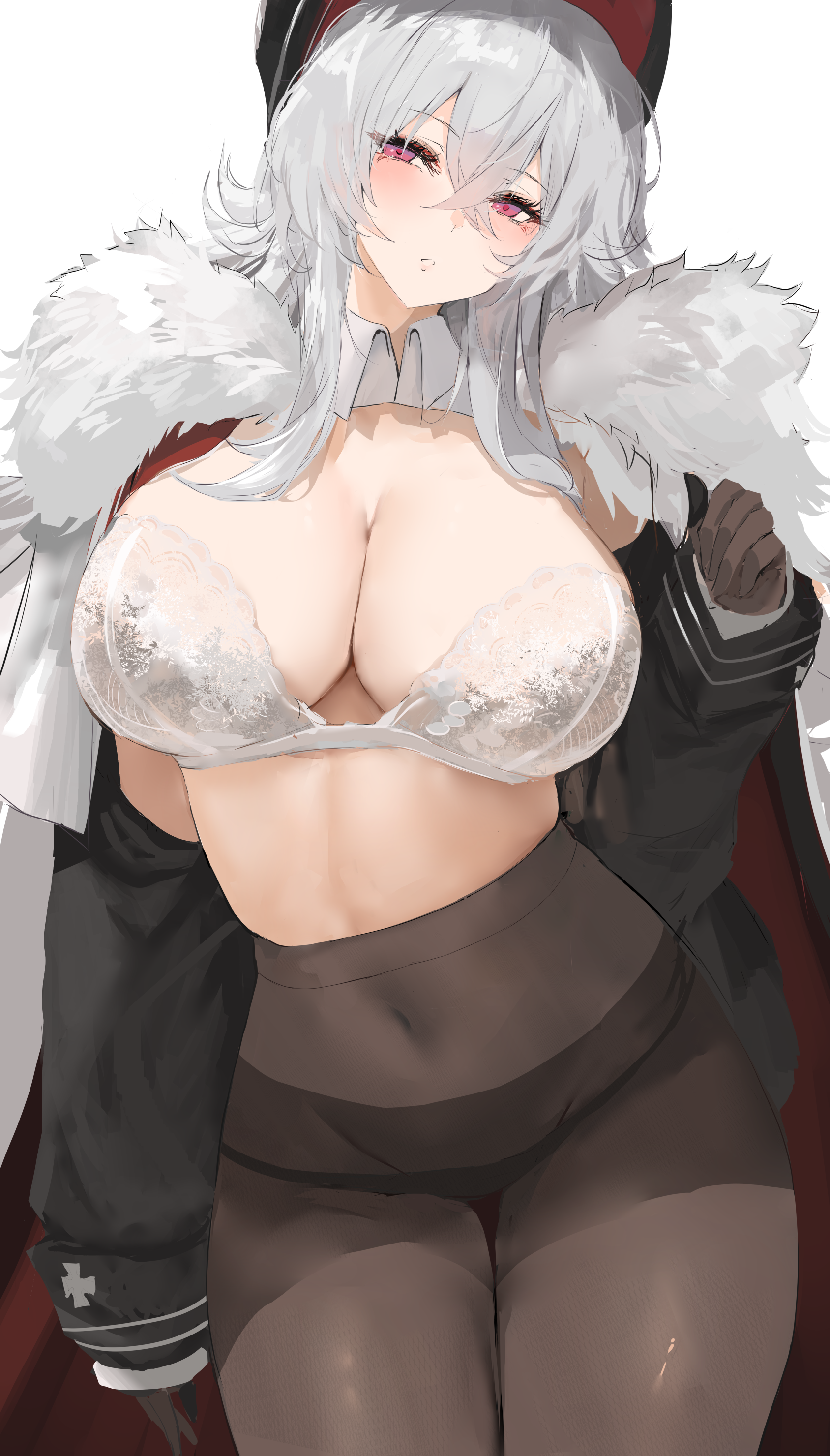 liaowen, graf zeppelin (azur lane), azur lane, absurdres, highres, 1girl, black coat, blush, bra, breasts, brown pantyhose, cleavage, coat, crossed bangs, fur-trimmed coat, fur trim, hat, large breasts, long hair, long sleeves, looking at viewer, off shoulder, pantyhose, peaked cap, pink eyes, solo, thighs, underwear, white bra, white hair
