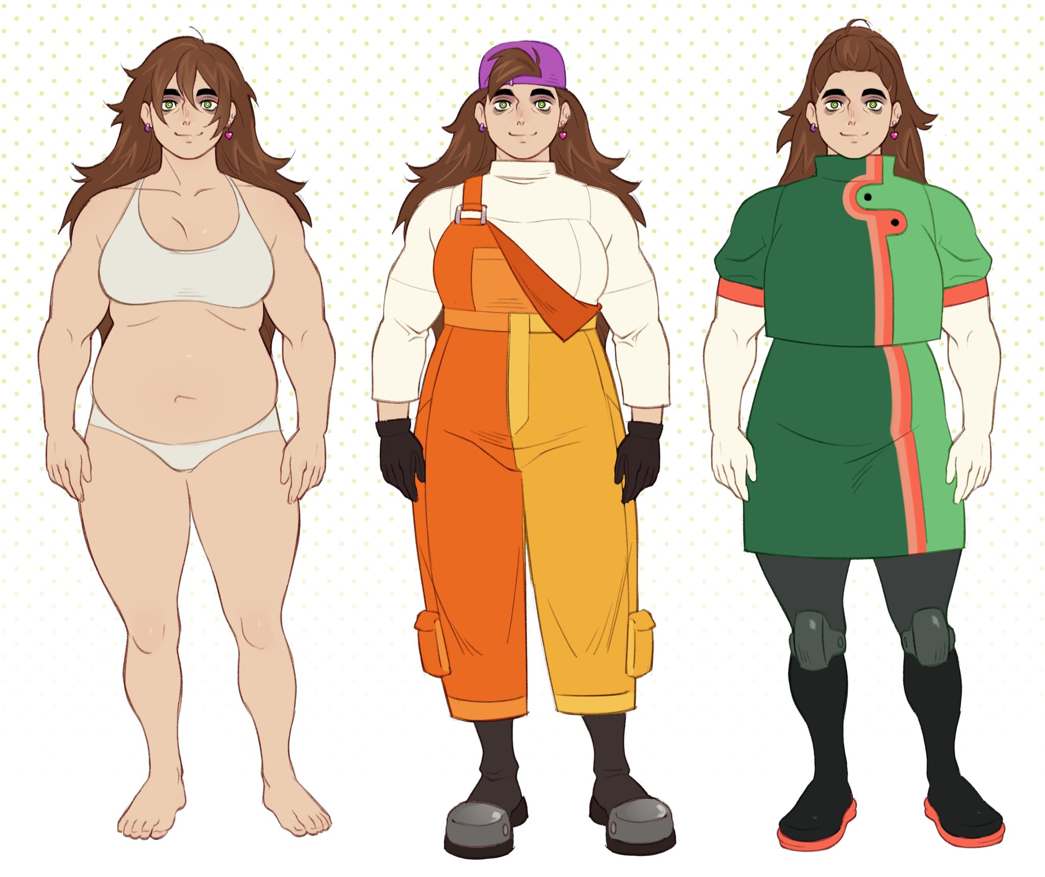 dashintrash, francesca (knights of guinevere), knights of guinevere, highres, 1girl, bare arms, bare shoulders, bra, brown hair, buck teeth, gloves, green eyes, long hair, looking at viewer, multiple persona, muscular, muscular female, simple background, smile, solo, teeth, underwear, upper body, wavy hair