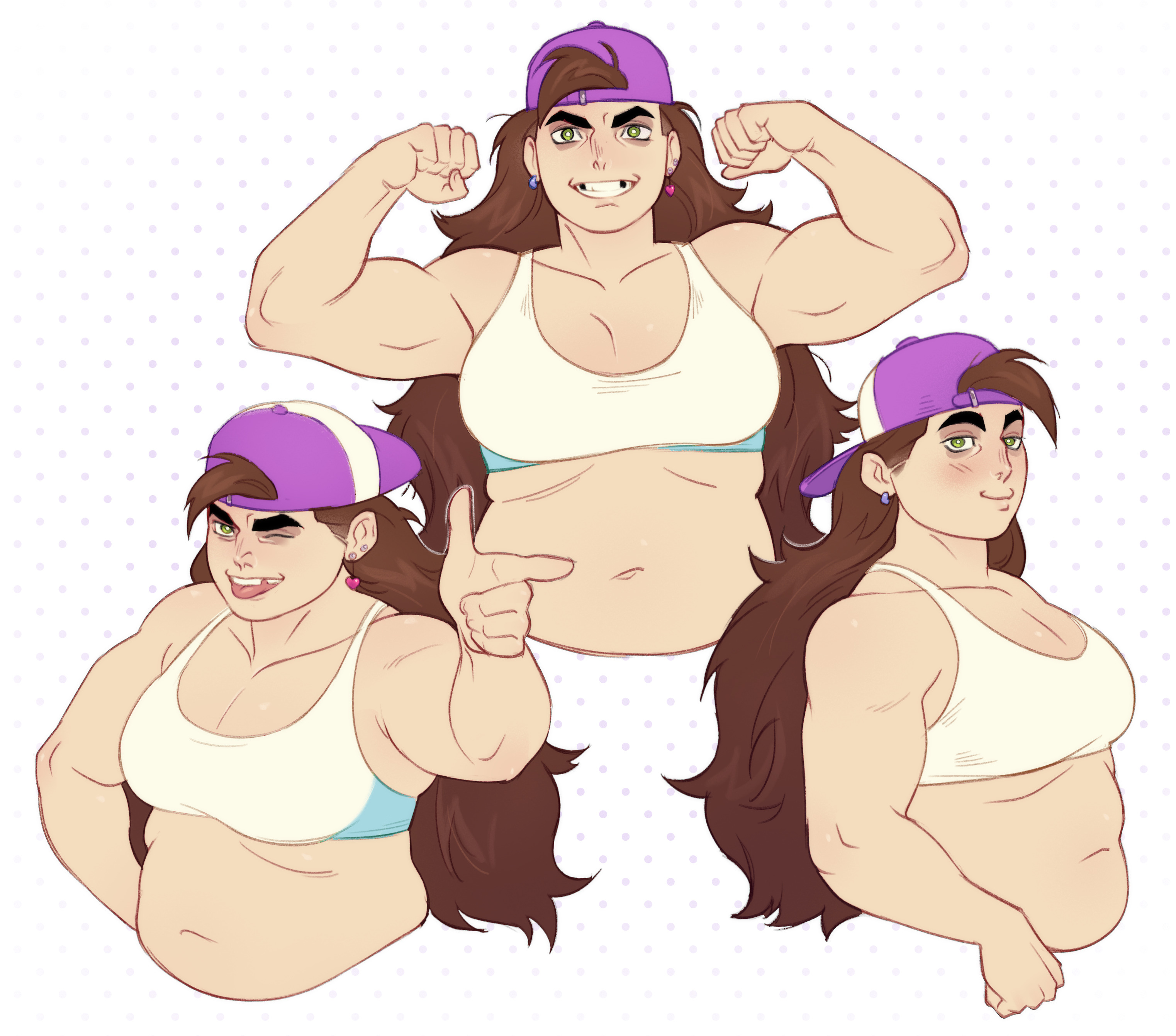 dashintrash, francesca (knights of guinevere), knights of guinevere, absurdres, highres, 1girl, bare arms, bare shoulders, bra, brown hair, buck teeth, gloves, green eyes, long hair, looking at viewer, muscular, muscular female, simple background, smile, solo, teeth, underwear, upper body, wavy hair