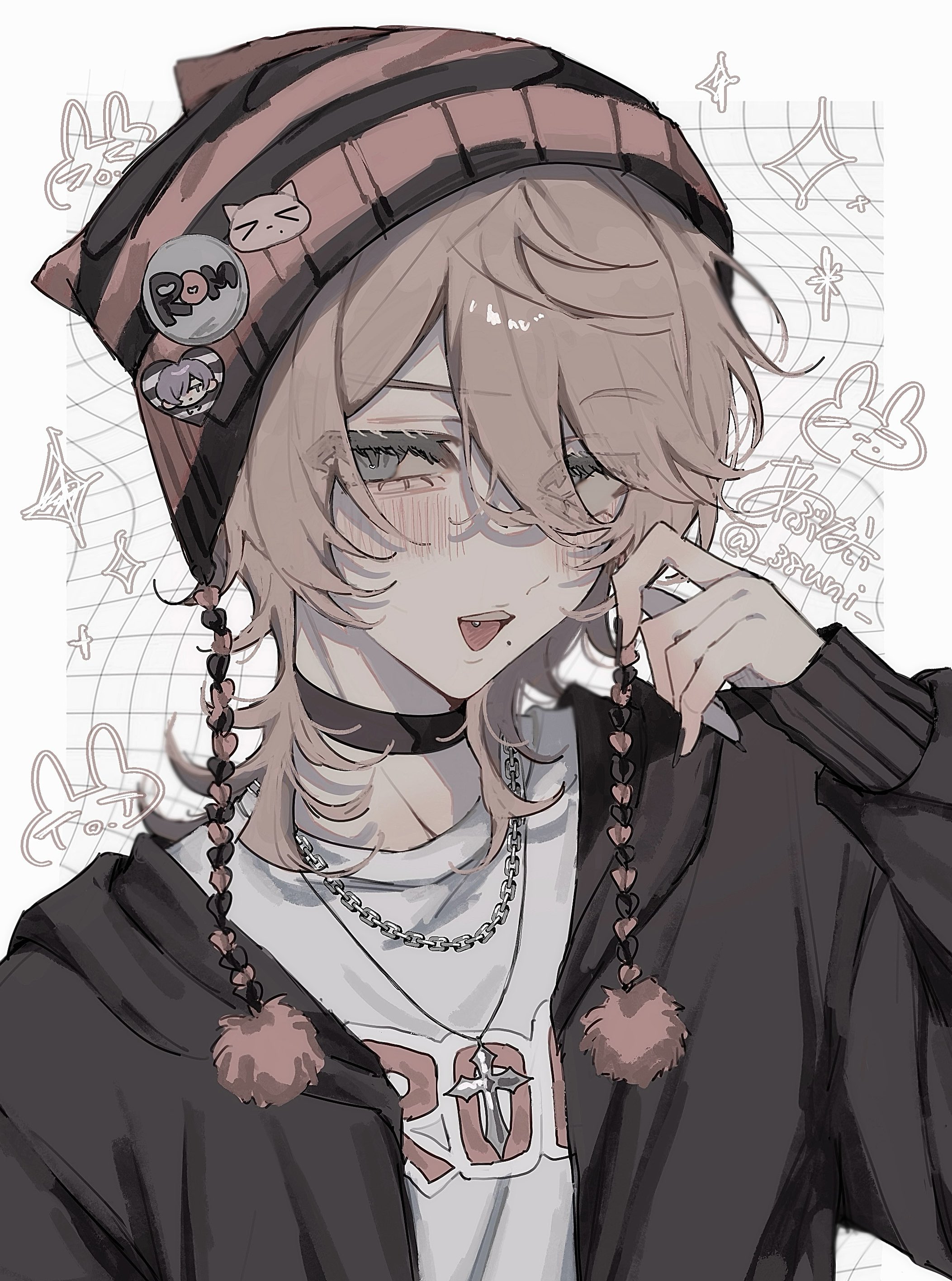 original, fluffy hair, absurdres, character request, highres, 1boy, 38uii, black choker, black jacket, blonde hair, blush, choker, cross pendant, drawn sparkle, hair between eyes, hat, hat with ears, jacket, male focus, medium hair, open mouth, pom pom (clothes), smile, solo, sparkle, striped hat