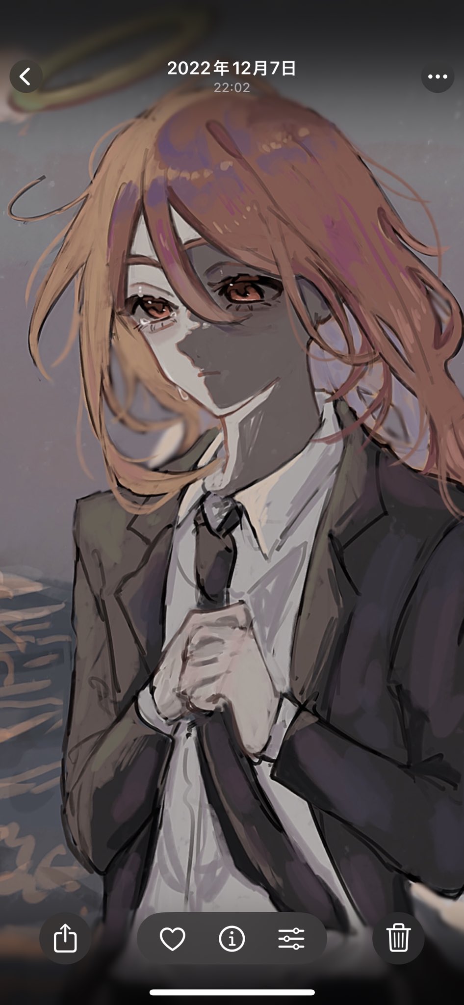 angel devil (chainsaw man), chainsaw man, screencap, highres, 1boy, 38uii, androgynous, bishounen, black necktie, black suit, closed mouth, formal clothes, hair between eyes, halo, holding necktie, long hair, male focus, necktie, orange eyes, orange hair, pale skin, solo, suit