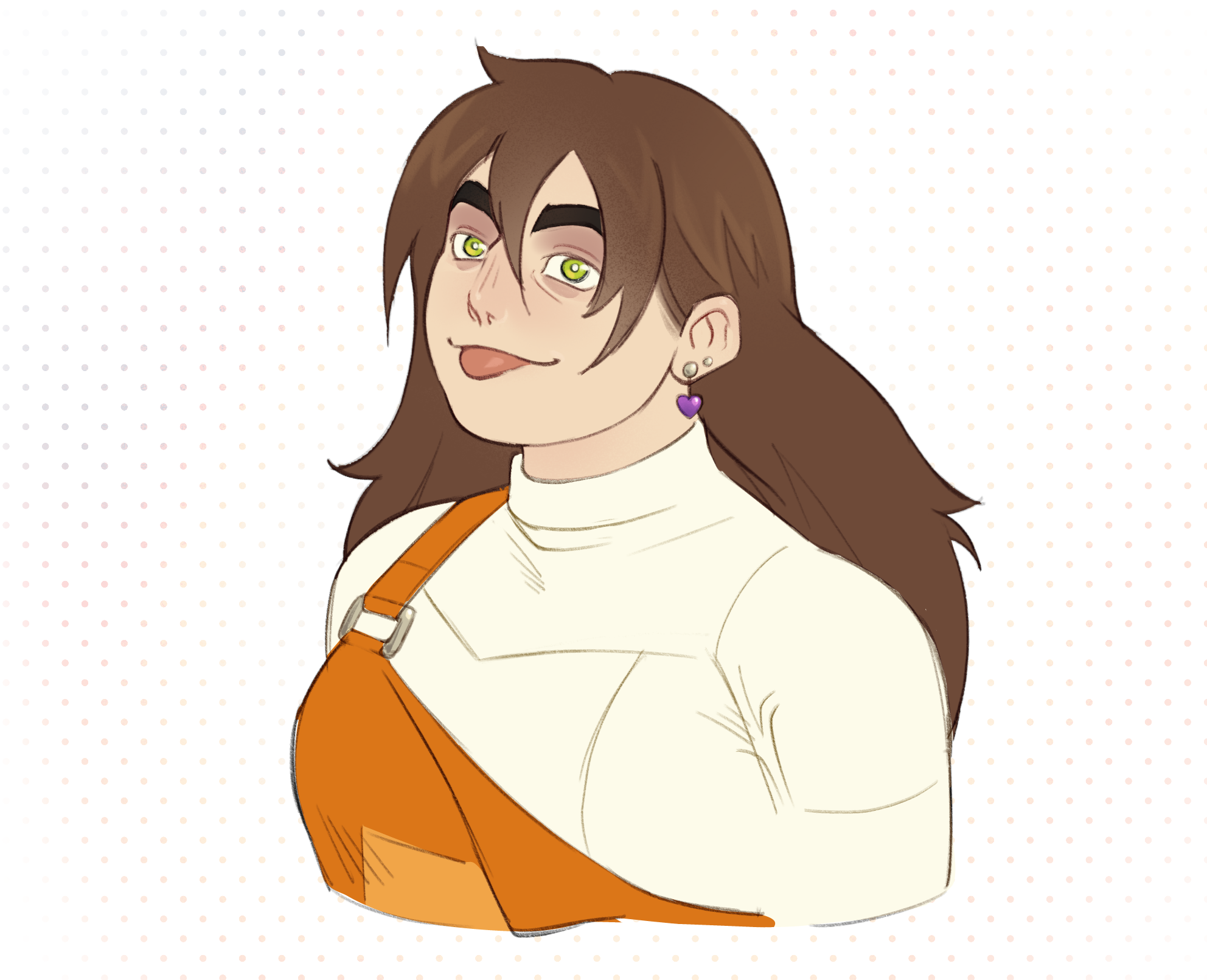 dashintrash, francesca (knights of guinevere), knights of guinevere, highres, 1girl, brown hair, earrings, forehead jewel, green eyes, jewelry, orange overalls, overalls, shirt, solo, thick eyebrows, tongue, tongue out, upper body, wavy hair, white shirt