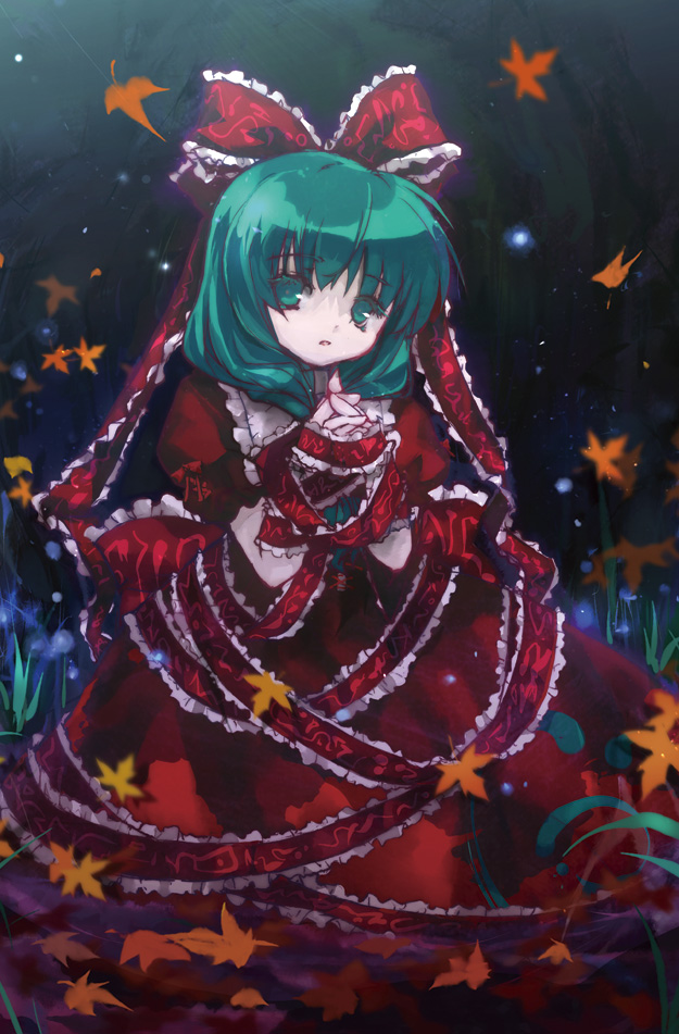 kurudaz, kagiyama hina, touhou, 1girl, female focus, front ponytail, green eyes, green hair, matching hair/eyes, ribbon, solo