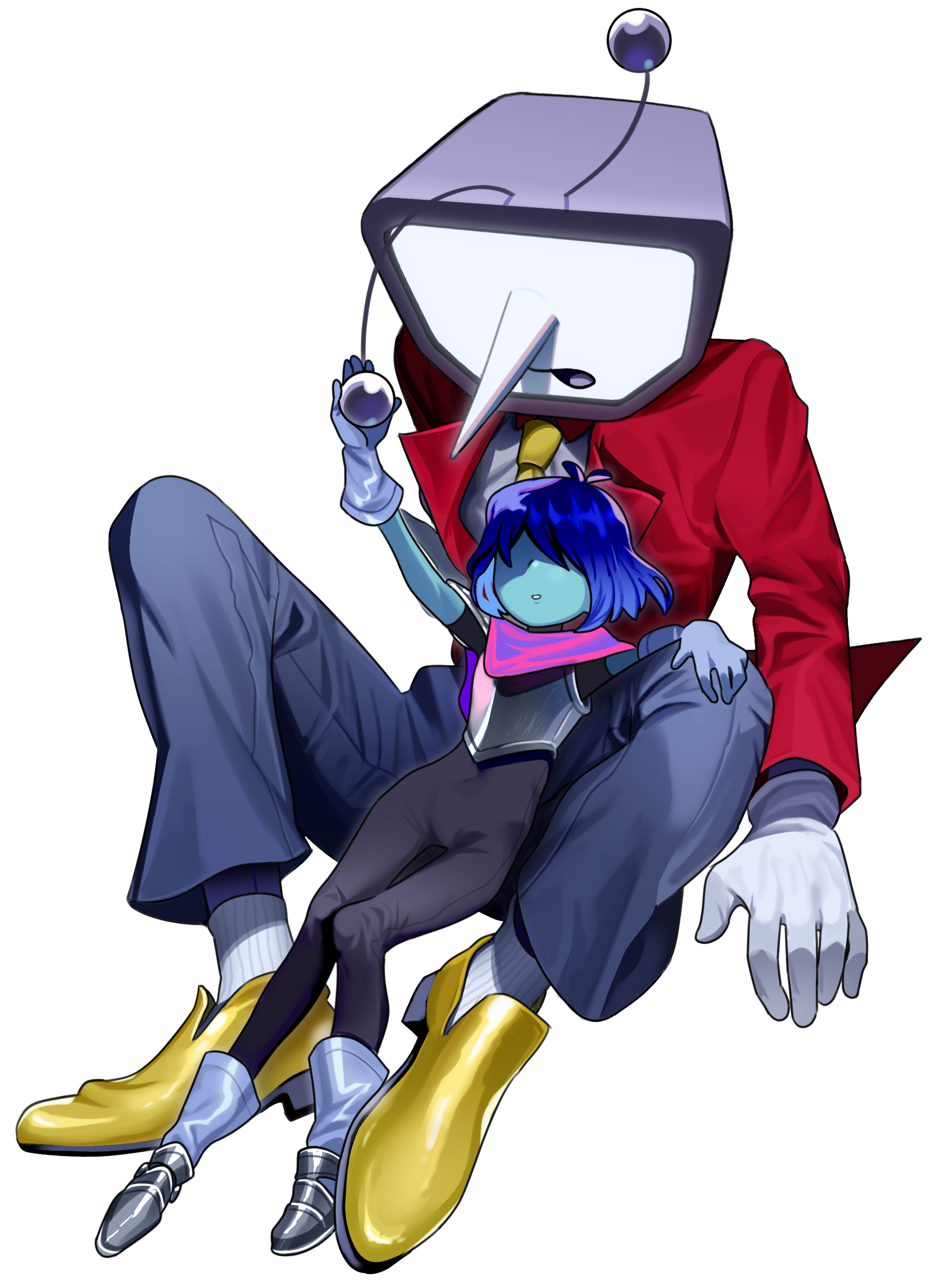 ant tenna, kris (dark world) (deltarune), kris (deltarune), deltarune, utdr (toby fox), absurdres, highres, 1boy, 1other, armor, black bodysuit, blue hair, blue skin, bodysuit, collared shirt, colored skin, crt, full body, gloves, grey gloves, grey pants, hand on another's knee, long nose, object head, pants, parted lips, partially shaded face, pointy nose, radio antenna, shirt, shoes, simple background, socks, striped cape, tailcoat, valve core, white background, white gloves, white shirt, white socks, yellow shoes