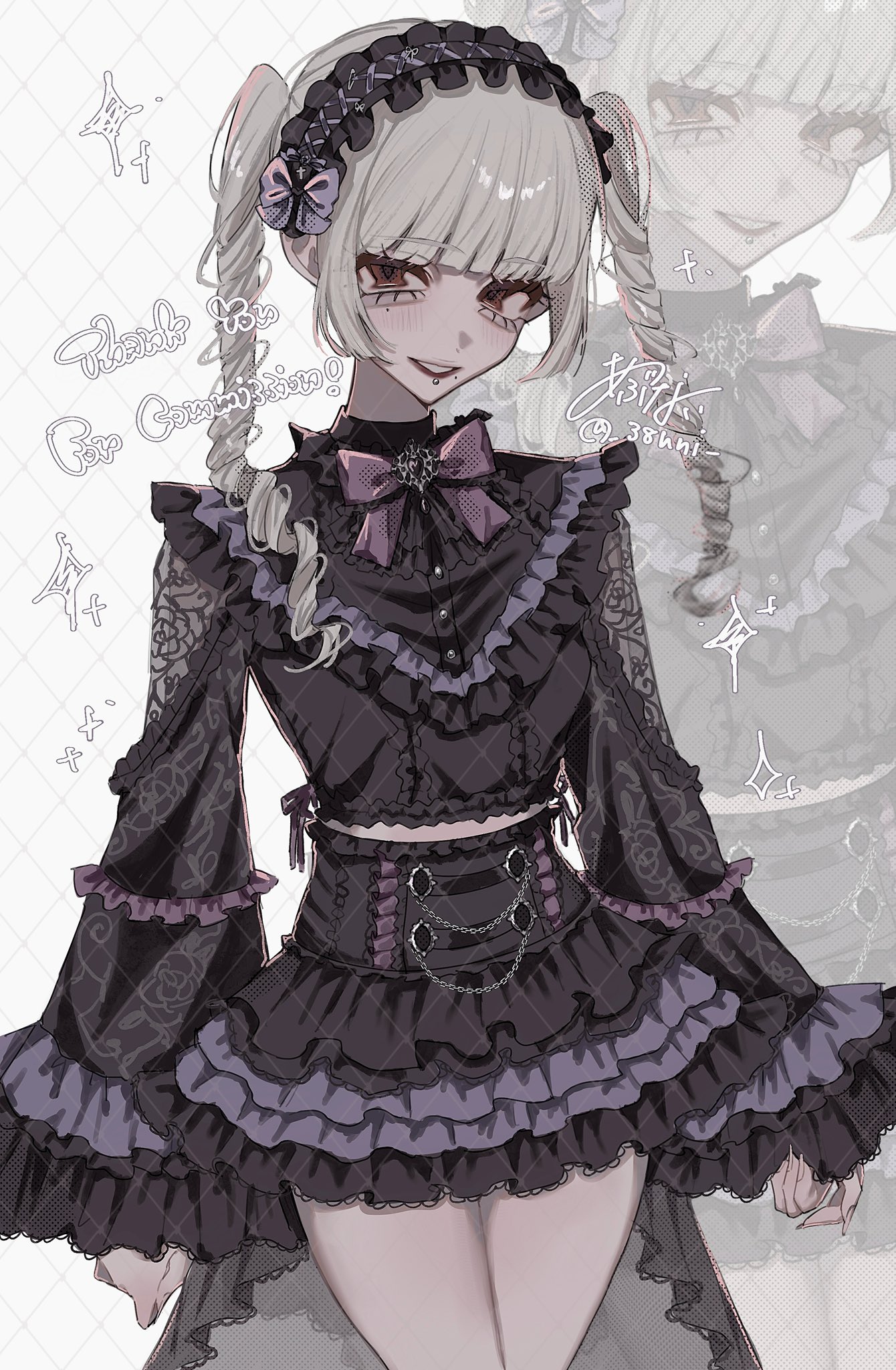 original, highres, 1girl, 38uii, black dress, breasts, brown eyes, cowboy shot, dress, frilled dress, frills, long hair, maid headdress, small breasts, solo, twintails, white hair, wide sleeves