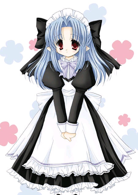 len (tsukihime), kagetsu tooya, melty blood, tsukihime, type-moon, 00s, 1girl, blue hair, dress, female focus, flower, half updo, long hair, maid, pointy ears, red eyes, ribbon, serious, solo