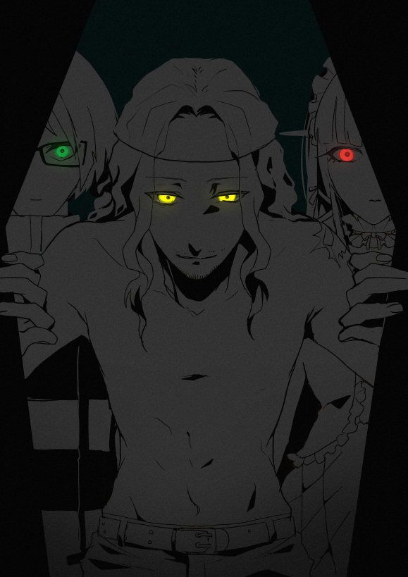 sunorsa, sakaki takaya, shirato jin, yoshino chidori, persona, persona 3, commentary request, 1girl, 2boys, belt, black border, border, closed mouth, coffin, expressionless, facial hair, film grain, glowing, glowing eyes, green eyes, long hair, looking at viewer, multiple boys, outside border, pov, red eyes, smile, spot color, straight-on, stubble, topless male, upper body, yellow eyes