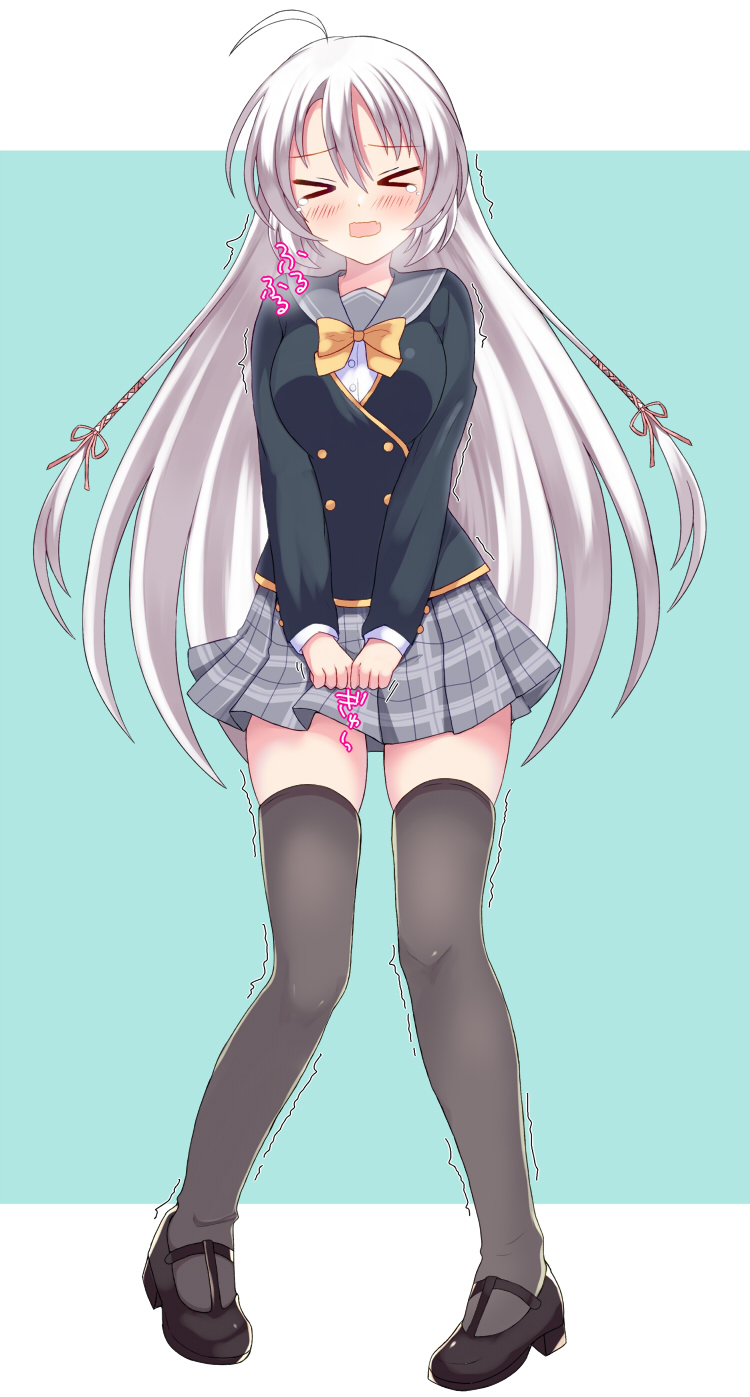 miyako (mongcocoa), ayachi nene, sanoba witch, commentary request, commission, highres, skeb commission, > <, 1girl, ahoge, animal ears, aqua background, black jacket, black shoes, black thighhighs, blush, bow, bowtie, breasts, buttons, covering crotch, covering privates, double-breasted, facing viewer, fidgeting, full body, furrowed brow, grey hair, grey sailor collar, grey skirt, hair between eyes, heavy breathing, horse ears, jacket, large breasts, long hair, long sleeves, mary janes, miniskirt, open mouth, plaid clothes, plaid skirt, pleated skirt, ribbon, sailor collar, school uniform, serafuku, shoes, simple background, skirt, solo, sound effects, standing, straight hair, tearing up, thighhighs, trembling, v arms, very long hair, wavy mouth, yellow bow, yellow bowtie, yellow ribbon, zettai ryouiki