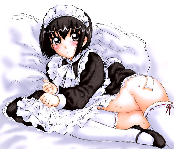tanisi (hosimade), shirley medison, shirley (manga), 1girl, black hair, blush, bob cut, female focus, grey eyes, lying, maid, maid headdress, mary janes, no panties, shoes, short hair, solo, thighhighs, white thighhighs