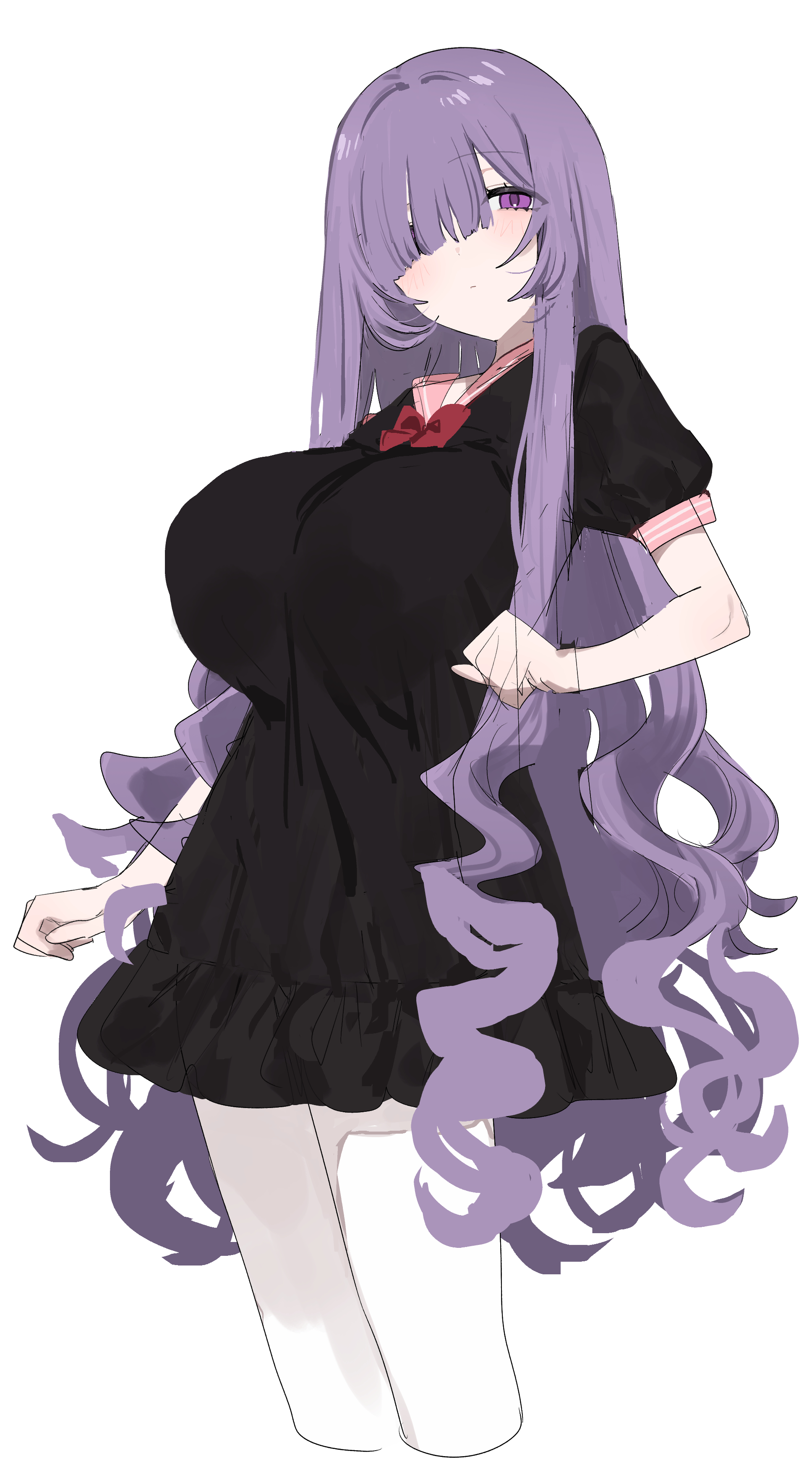 eurasia (wtp09ptw14), francoise (eurasia), original, absurdres, commentary request, highres, 1girl, :o, black dress, blush, bow, bowtie, breasts, clenched hands, closed mouth, collared dress, cropped legs, dress, hair over one eye, large breasts, long bangs, long hair, looking at viewer, parted bangs, pink sailor collar, puffy short sleeves, puffy sleeves, purple eyes, purple hair, red bow, sailor collar, short sleeves, simple background, solo, very long hair, white background