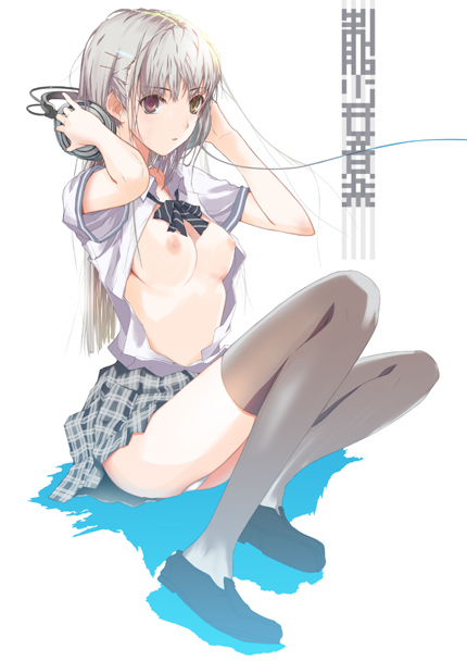 fuyuno haruaki, original, silver hair, 1girl, bow, bowtie, breasts, female focus, hair ornament, hairclip, headphones, heterochromia, long hair, open clothes, open shirt, panties, pantyshot, red eyes, school uniform, shirt, shoes, sitting, solo, thighhighs, underwear