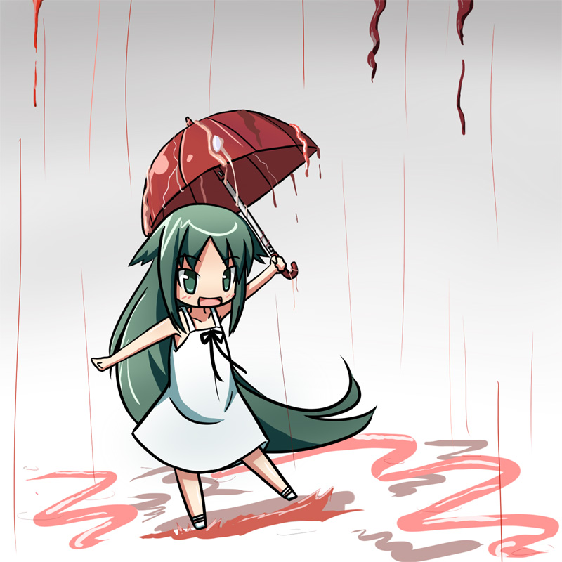 yon (haruo4444), saya (saya no uta), saya no uta, bad id, bad pixiv id, blood, chibi, dress, green eyes, green hair, happy, long hair, outstretched arms, puddle, ribbon, smile, solo, splashing, spread arms, umbrella, very long hair