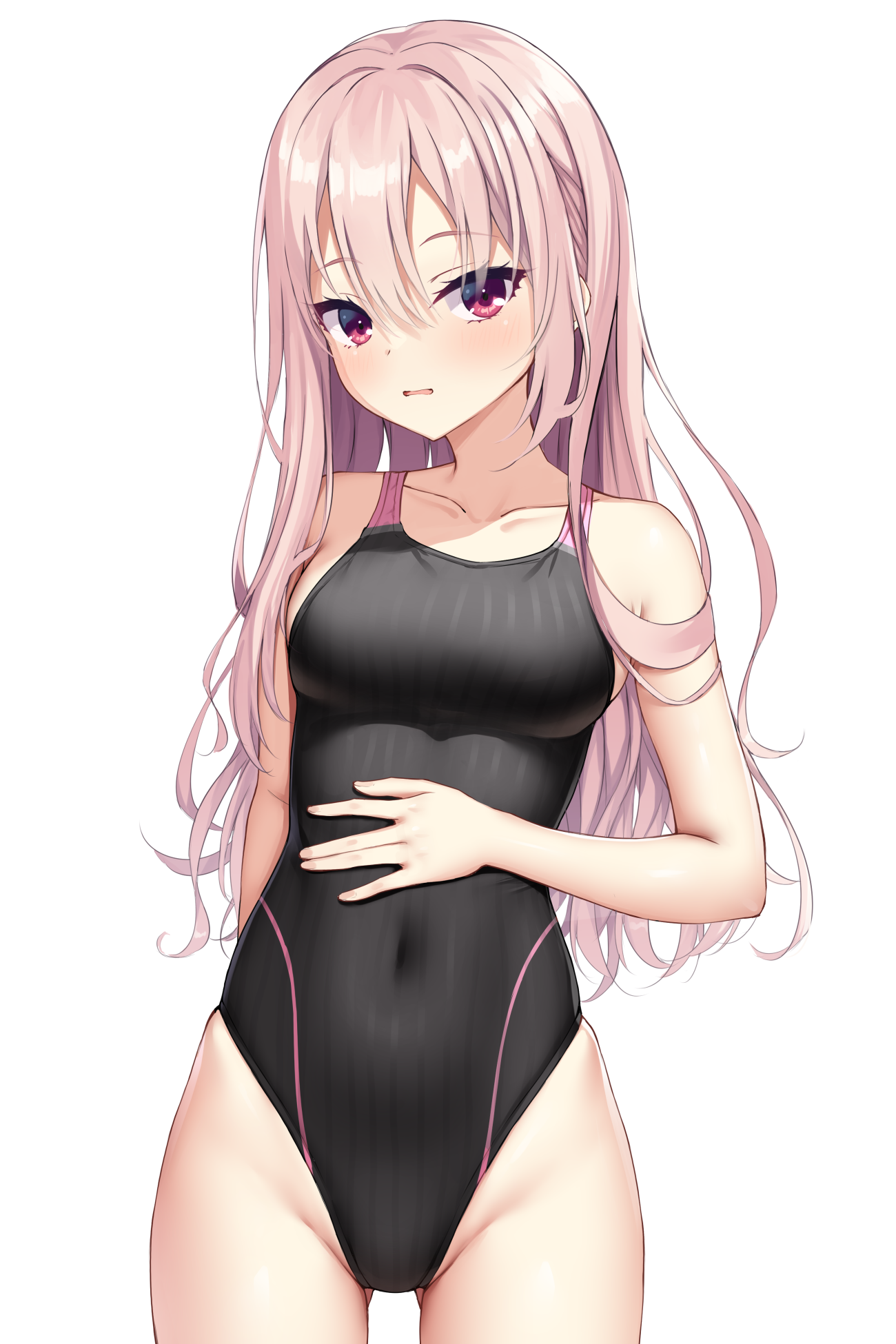 ncontrail (mgax7527), limelight lemonade jam, commentary request, highres, 1girl, ||/, alternate costume, arm behind back, bare shoulders, blue one-piece swimsuit, blush, breasts, collarbone, competition swimsuit, covered navel, cowboy shot, eyelashes, eyes visible through hair, gluteal fold, groin, hair between eyes, hair over shoulder, hand on own stomach, hand up, harumi ena, highleg, highleg one-piece swimsuit, large breasts, long hair, looking at viewer, one-piece swimsuit, open mouth, pink hair, red eyes, simple background, skindentation, solo, striped clothes, striped one-piece swimsuit, swimsuit, tsurime, vertical-striped clothes, vertical-striped one-piece swimsuit, very long hair, white background