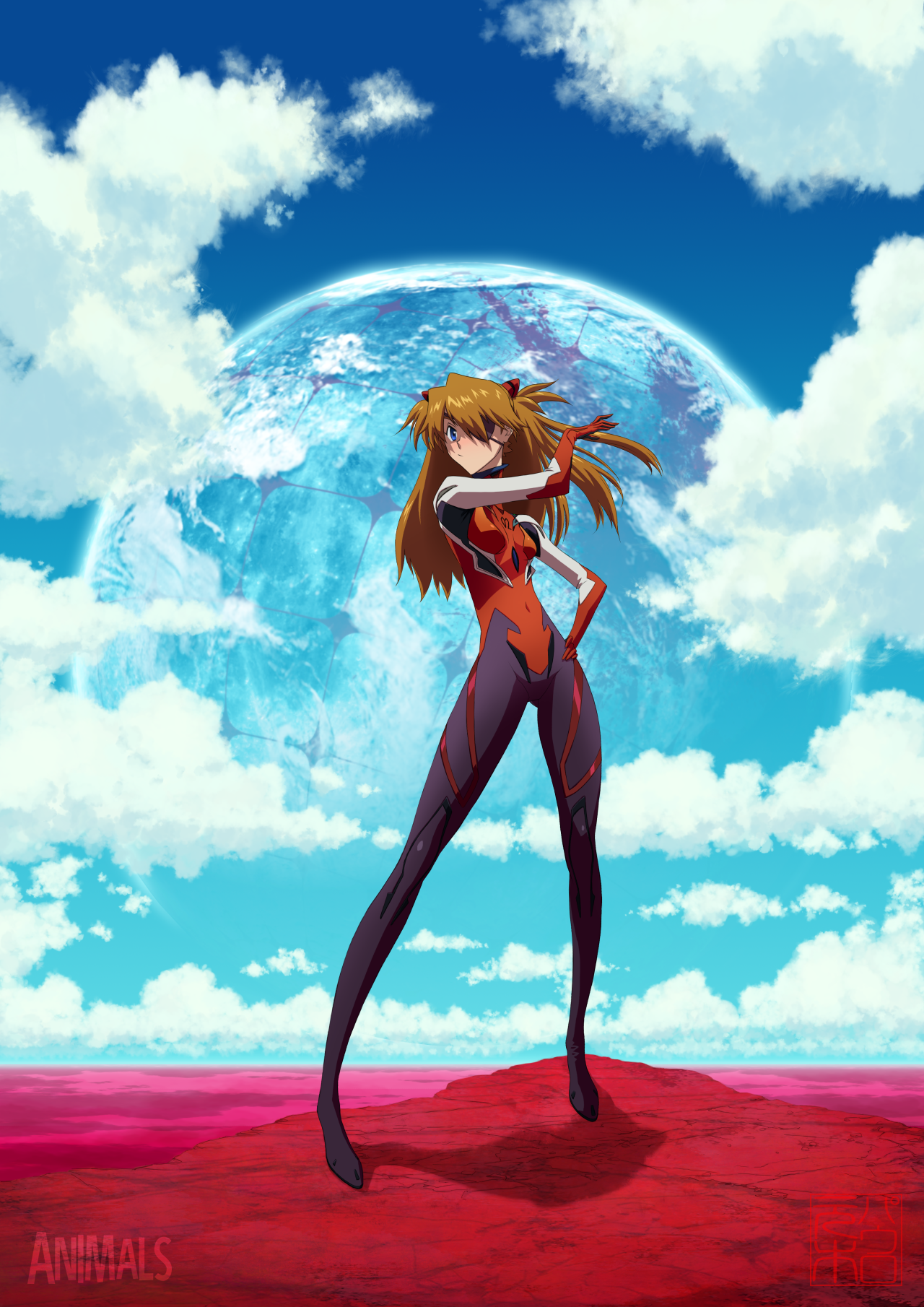 souryuu asuka langley, evangelion: 2.0 you can (not) advance, neon genesis evangelion, rebuild of evangelion, commentary, english commentary, highres, blue eyes, bodysuit, breasts, closed mouth, covered navel, day, full body, full moon, hand on own hip, hand up, horizon, mecha pilot suit, moon, multicolored bodysuit, ocean, orange bodysuit, orange hair, outdoors, p! (motoki paulo), plugsuit (evangelion), red ocean, red water, signature, sky, small breasts, standing