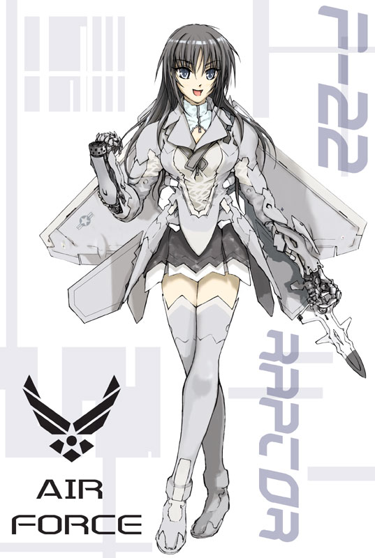 funeral (artist), sumisi, f-22, original, jet, bad id, bad pixiv id, 1girl, aircraft, airplane, black hair, female focus, long hair, mecha musume, military, skirt, solo, thighhighs, zettai ryouiki