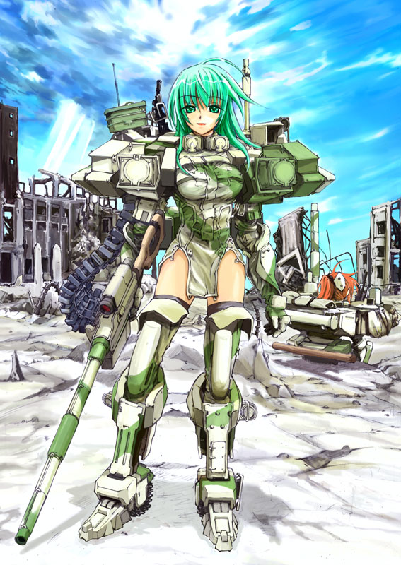 funeral (artist), sumisi, t-90, original, vehicle, bad id, bad pixiv id, 1girl, ammunition belt, ammunition chute, breasts, camouflage, female focus, green eyes, green hair, gun, light rays, matching hair/eyes, mecha musume, medium breasts, military, military vehicle, motor vehicle, ruins, solo, sunbeam, sunlight, tank, thighhighs, weapon