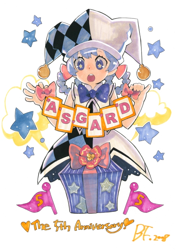 bf. (sogogiching), asgard, nexon, medium request, official art, scan, second-party source, traditional media, 2008, anniversary, argyle clothes, argyle dress, argyle hat, artist name, bare arms, black dress, black hat, blue bow, blue dress, blue eyes, blue hair, blue hat, bow, box, card, collar, copyright name, dated, dot nose, dress, eyelashes, facing viewer, flag, flower, gift, gift box, hair bow, hair rings, hat, heart, high collar, holding, holding bow (ornament), jester cap, knight (asgard), low-tied hair ring, medium hair, milestone celebration, multicolored dress, multicolored hat, open mouth, pink bow, pinky out, puritan collar, red flower, signature, simple background, spade (shape), star-shaped pupils, star (symbol), symbol-shaped pupils, teeth, upper teeth only, white background, white collar, white dress, white hat, yellow pupils
